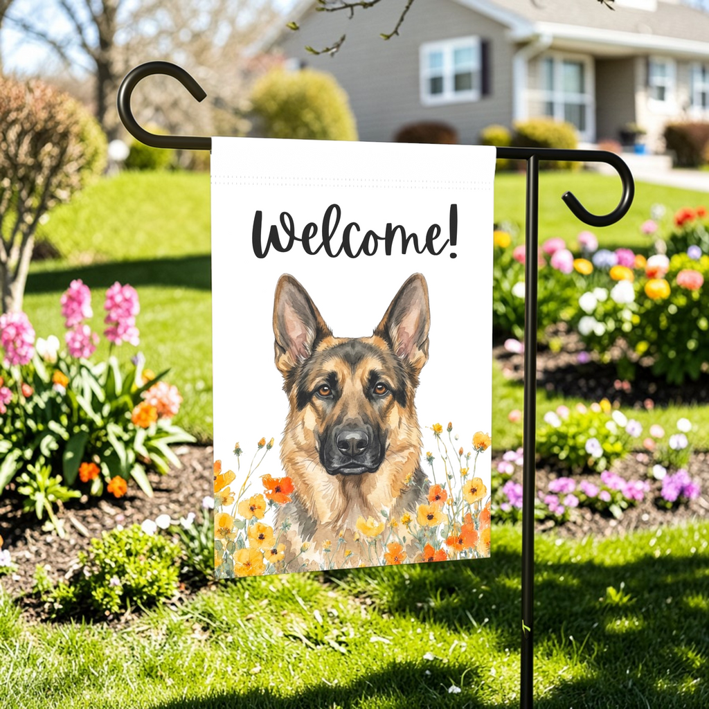 Yellow Poppies German Shepherd Welcome Garden Flag - lifestyle display - Dragonfire Gardens