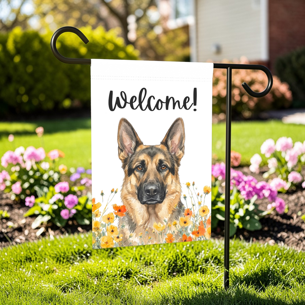 Yellow Poppies German Shepherd Welcome Garden Flag - outdoor display - Dragonfire Gardens