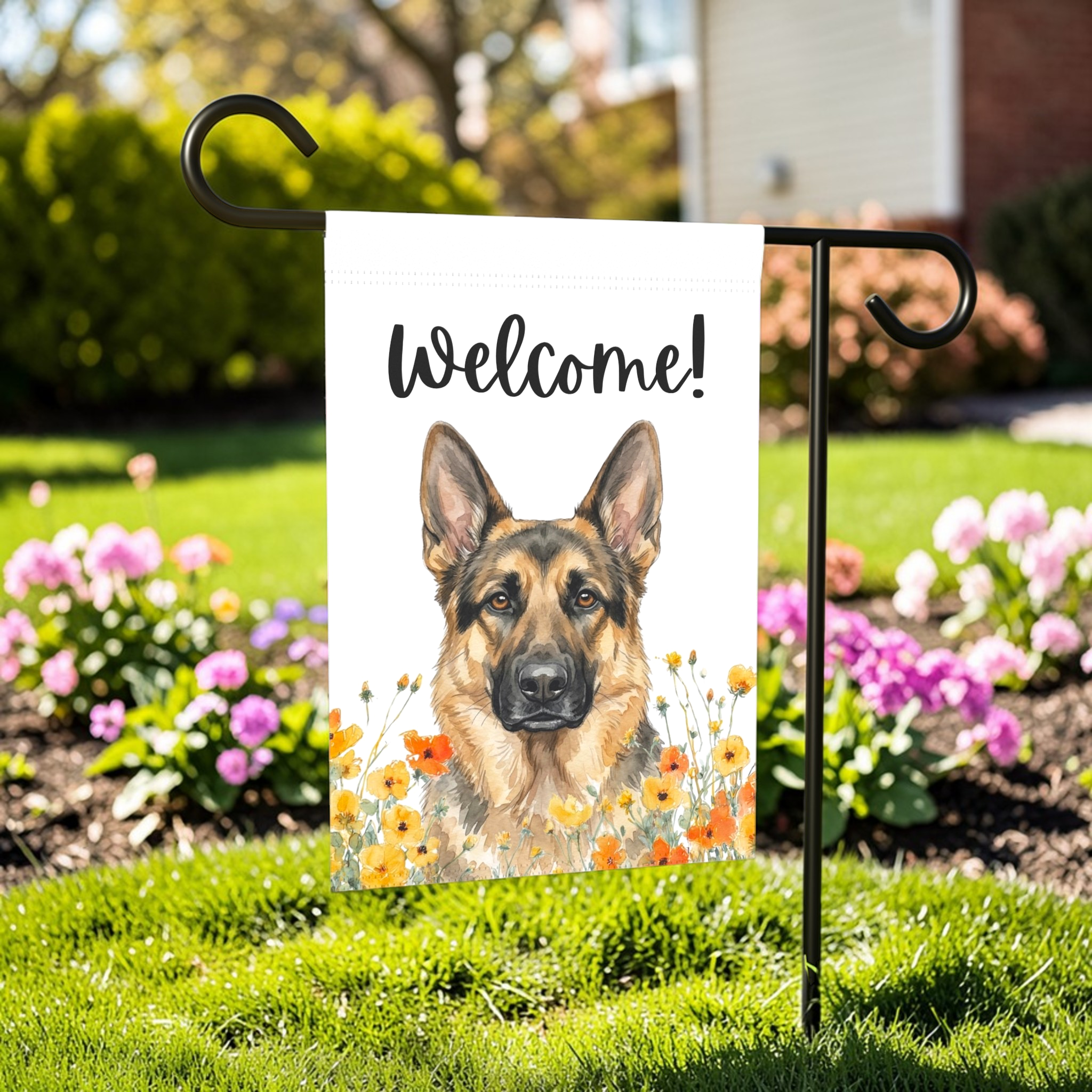 Yellow Poppies German Shepherd Welcome Garden Flag - outdoor display - Dragonfire Gardens