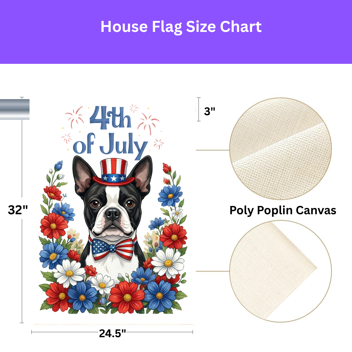 4th of July Black and White Boston Terrier Garden Flag - size comparison - Dragonfire Gardens