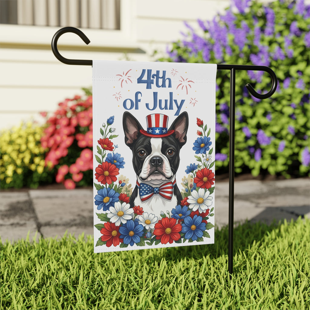 4th of July Black and White Boston Terrier Garden Flag - close-up detail - Dragonfire Gardens