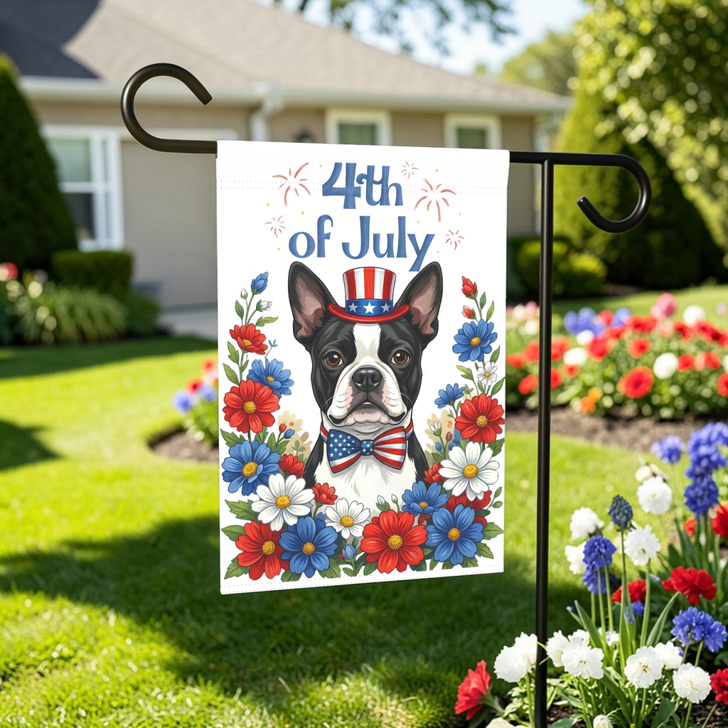 4th of July Black and White Boston Terrier Garden Flag - lifestyle display - Dragonfire Gardens
