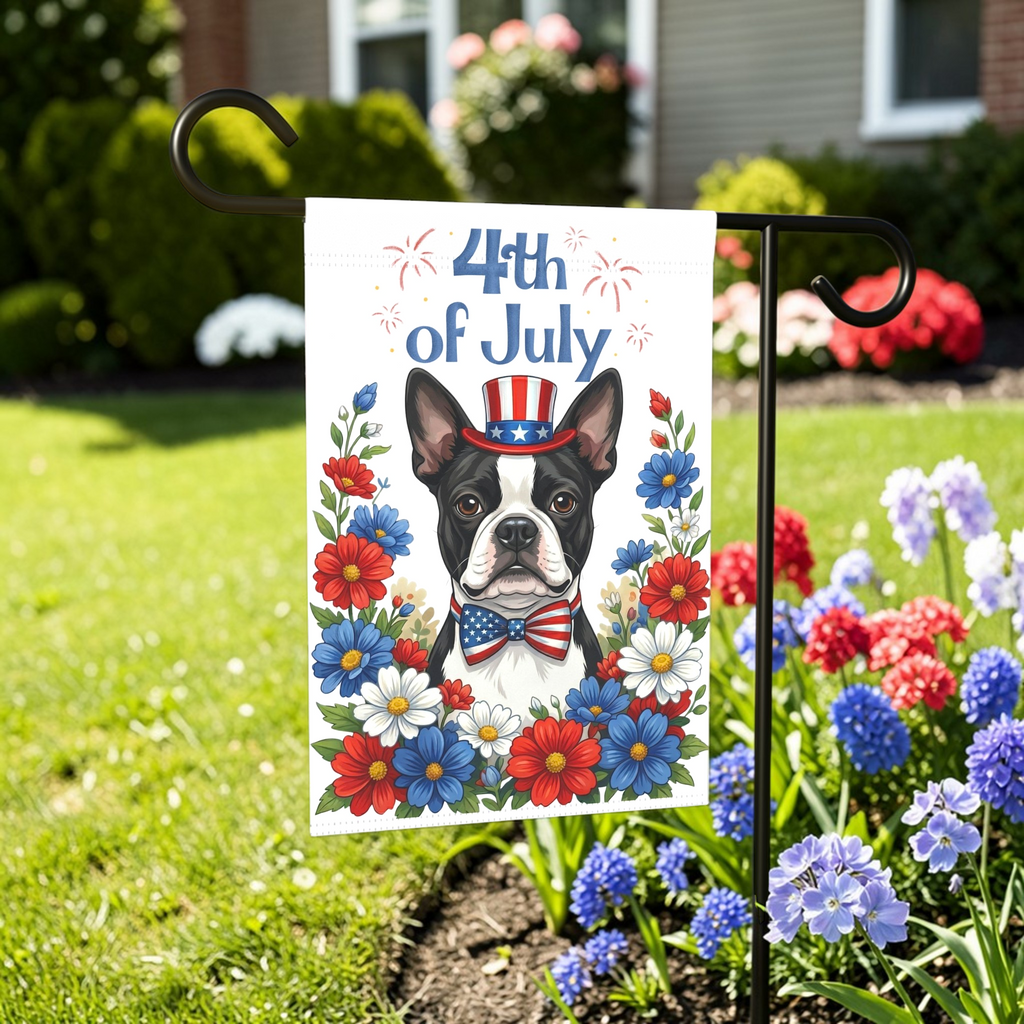 4th of July Black and White Boston Terrier Garden Flag - front view - Dragonfire Gardens