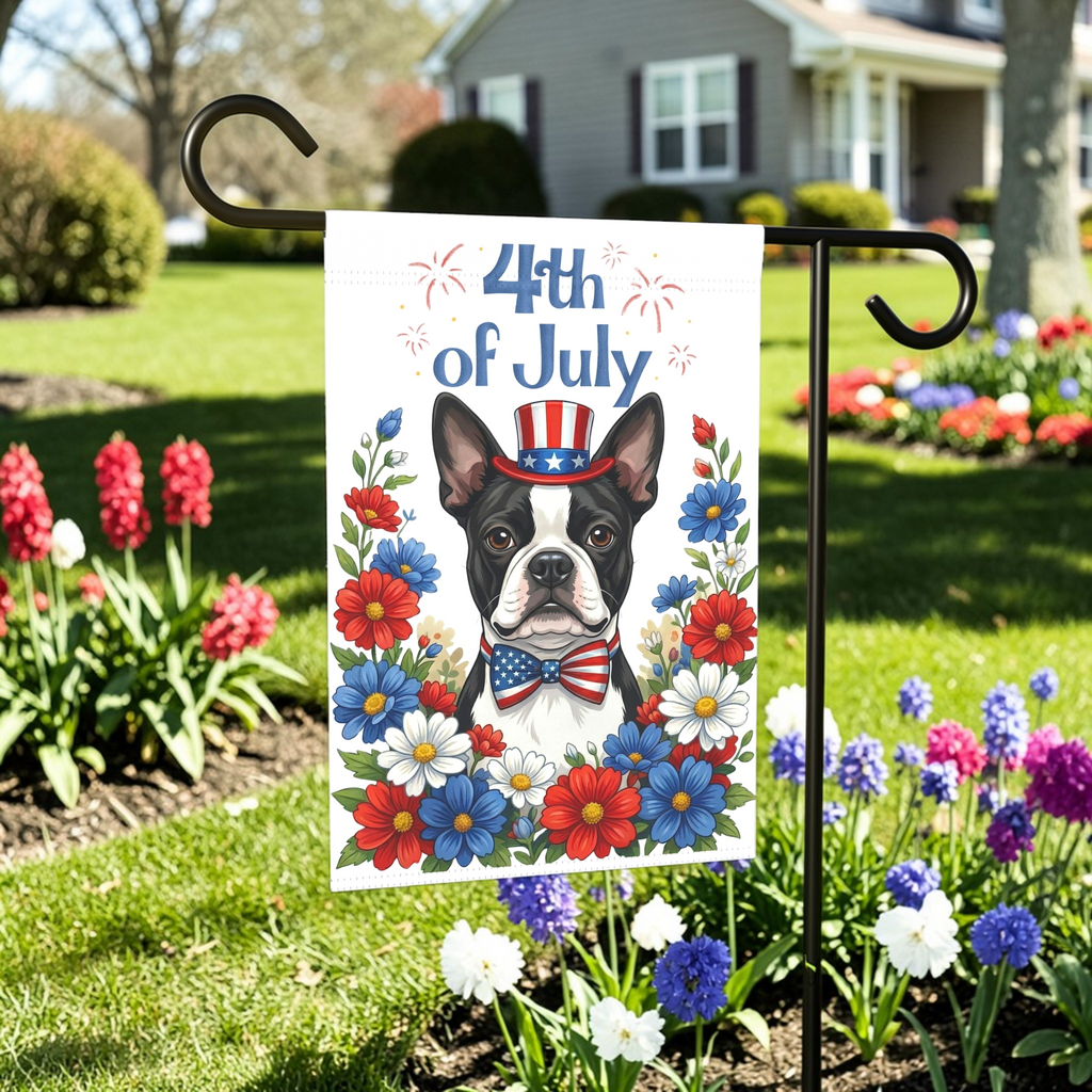4th of July Black and White Boston Terrier Garden Flag - outdoor display - Dragonfire Gardens