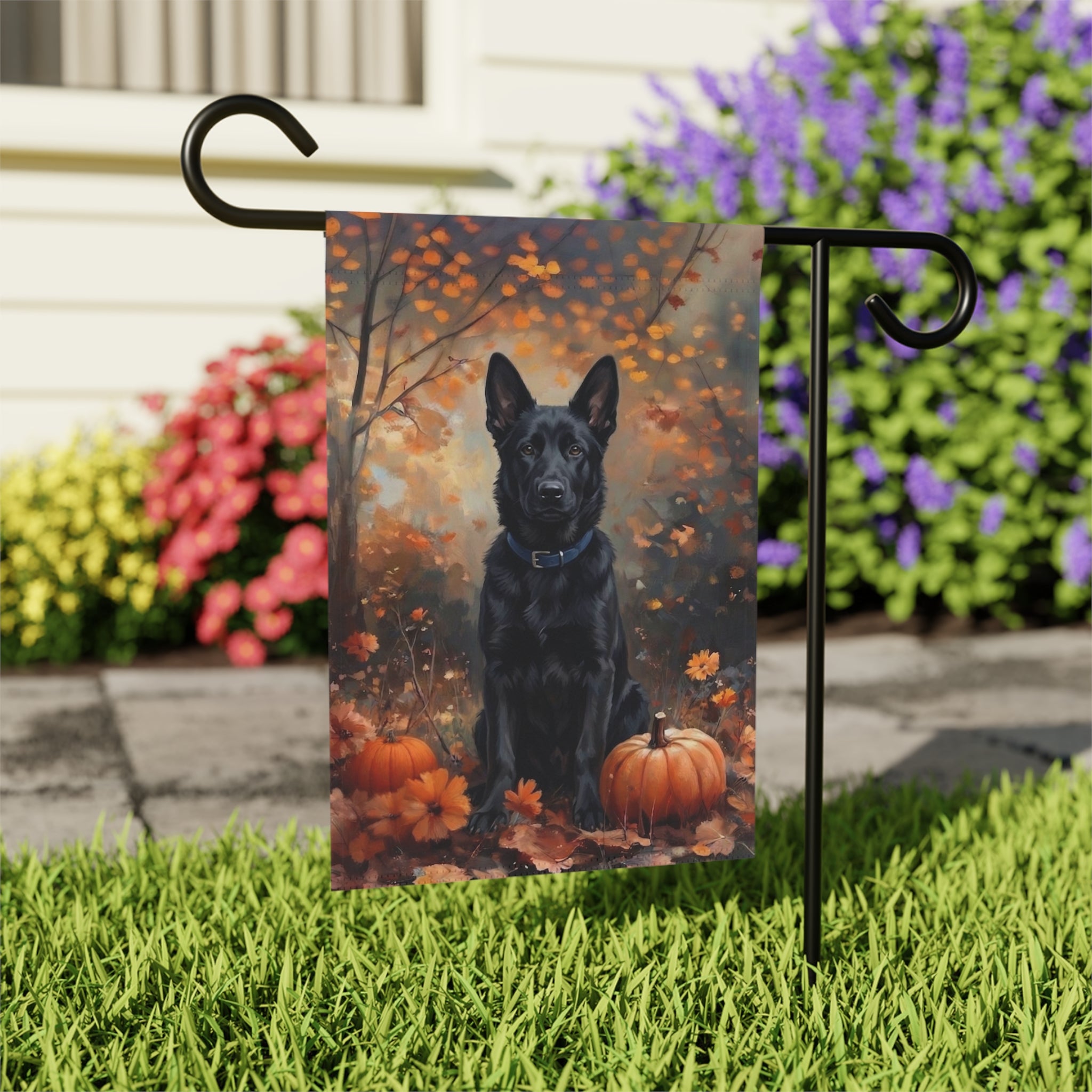 Fall Black German Shepherd Autumn Garden Flag - close-up detail - Dragonfire Gardens