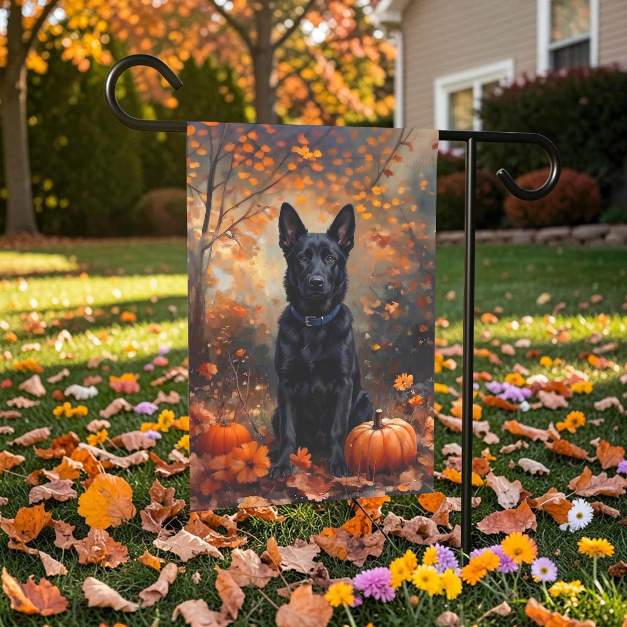 Fall Black German Shepherd Autumn Garden Flag - outdoor display - Dragonfire Gardens