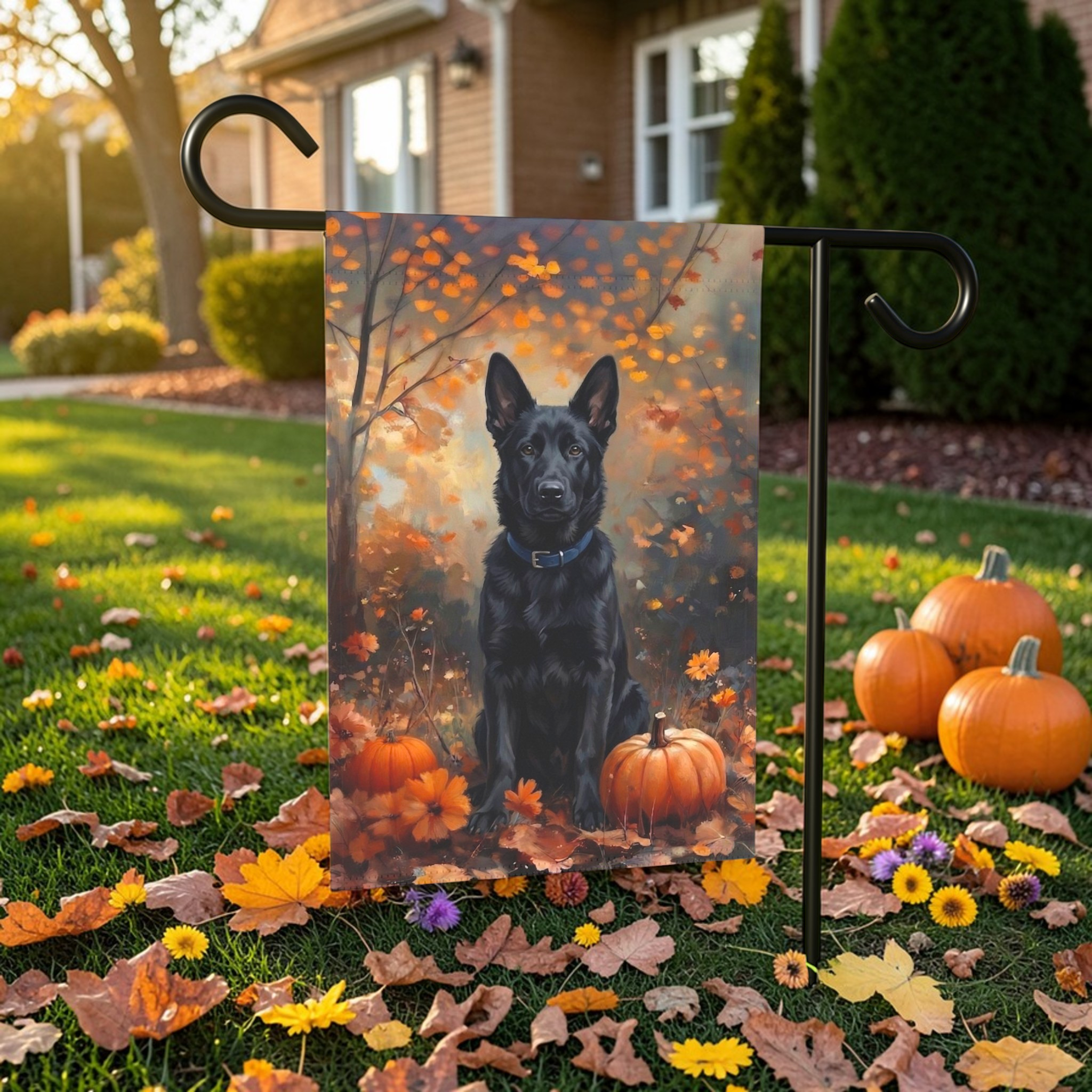 Fall Black German Shepherd Autumn Garden Flag - front view - Dragonfire Gardens