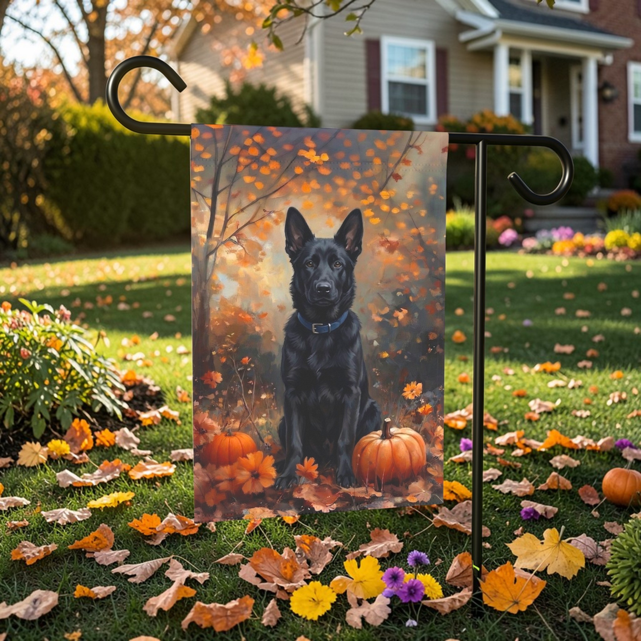 Fall Black German Shepherd Autumn Garden Flag - lifestyle display - Dragonfire Gardens