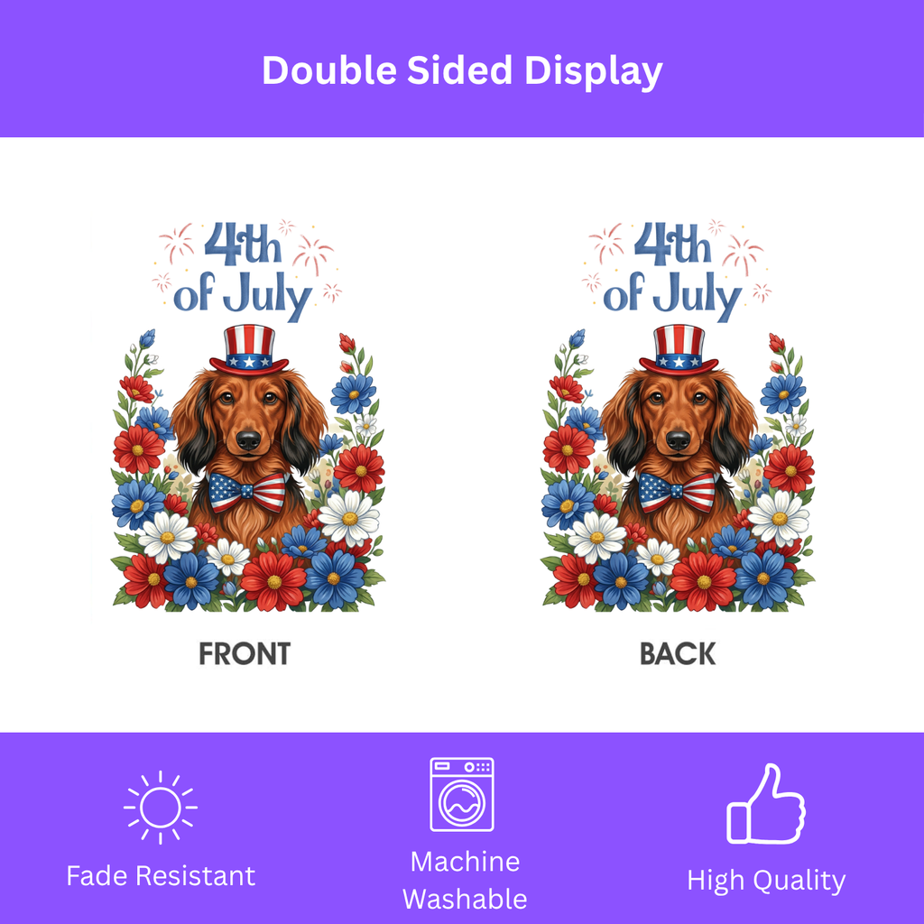 4th of July Long-Haired Dachshund Garden Flag - size comparison - Dragonfire Gardens