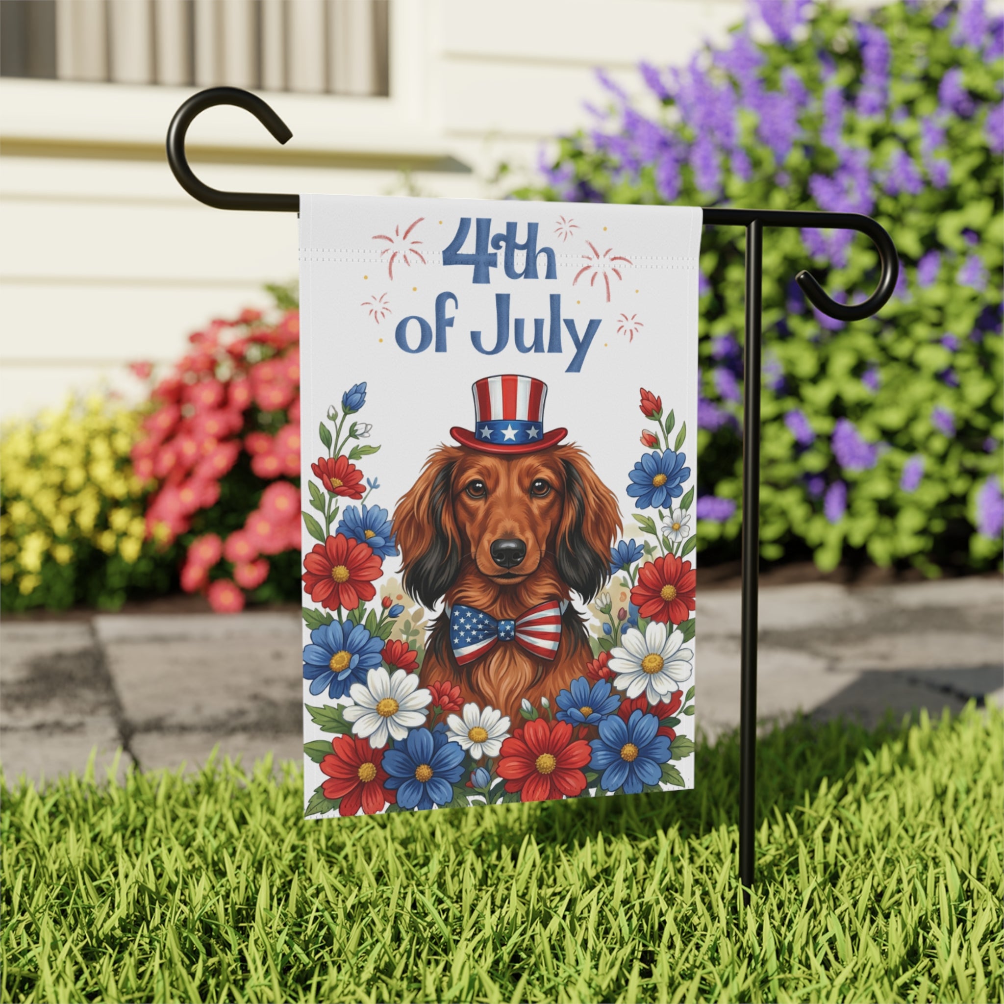 4th of July Long-Haired Dachshund Garden Flag - close-up detail - Dragonfire Gardens