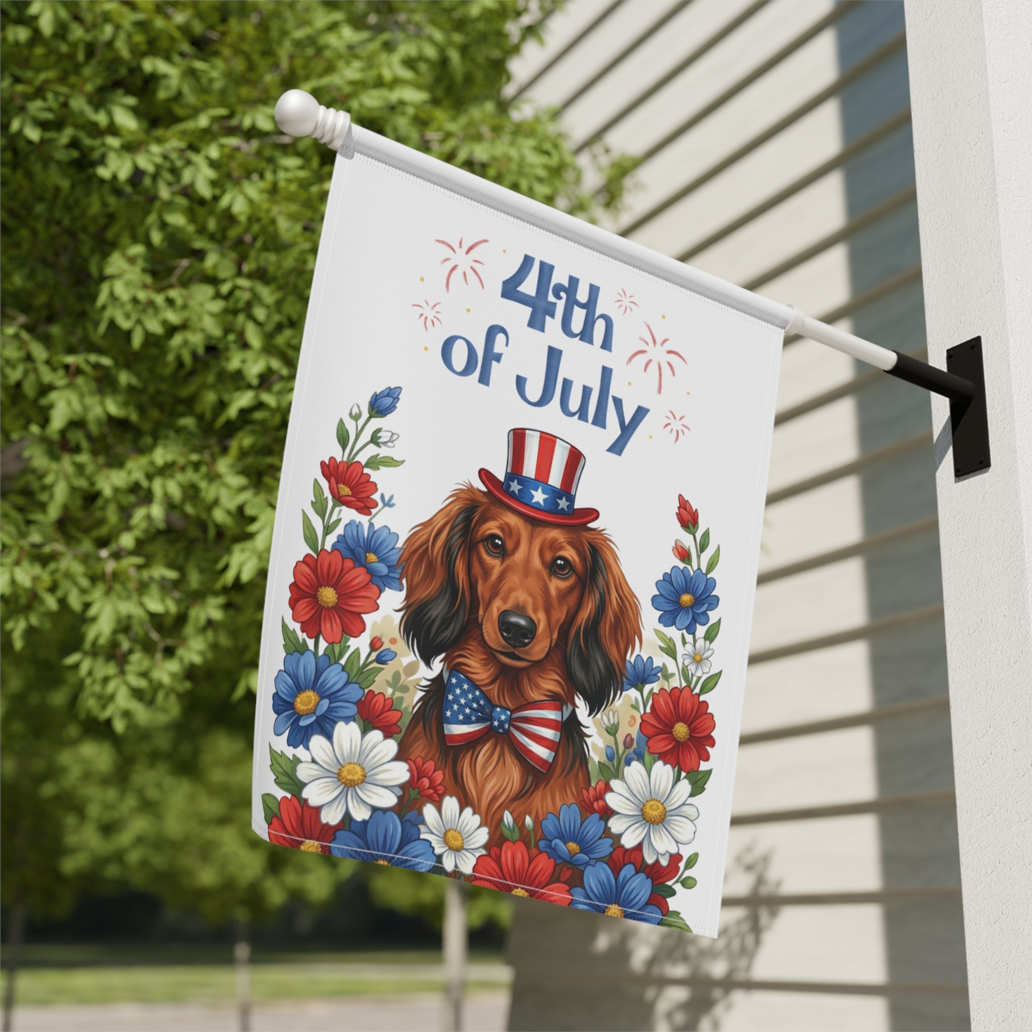 4th of July Long-Haired Dachshund Garden Flag - yard display - Dragonfire Gardens