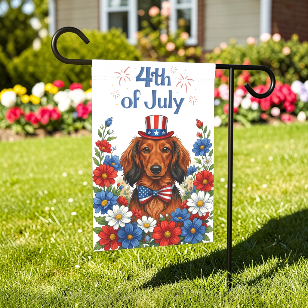 4th of July Long-Haired Dachshund Garden Flag - lifestyle display - Dragonfire Gardens