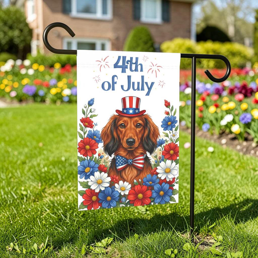 4th of July Long-Haired Dachshund Garden Flag - front view - Dragonfire Gardens