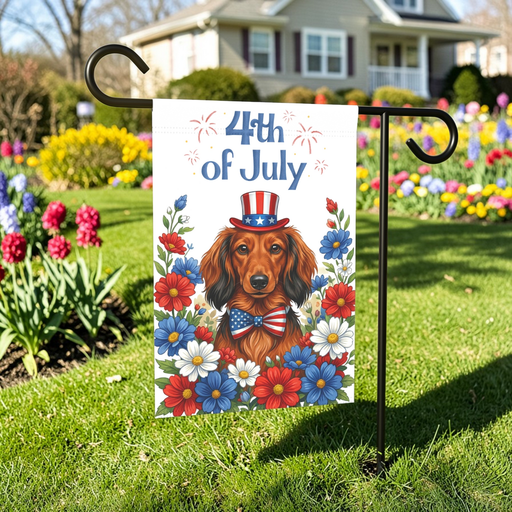 4th of July Long-Haired Dachshund Garden Flag - outdoor display - Dragonfire Gardens