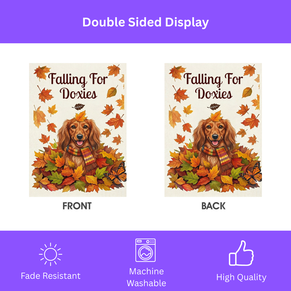 Falling For Doxies Long-Haired Dachshund Garden Flag - size comparison - Dragonfire Gardens
