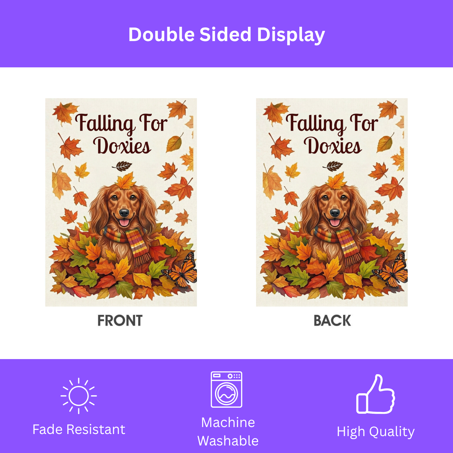 Falling For Doxies Long-Haired Dachshund Garden Flag - size comparison - Dragonfire Gardens