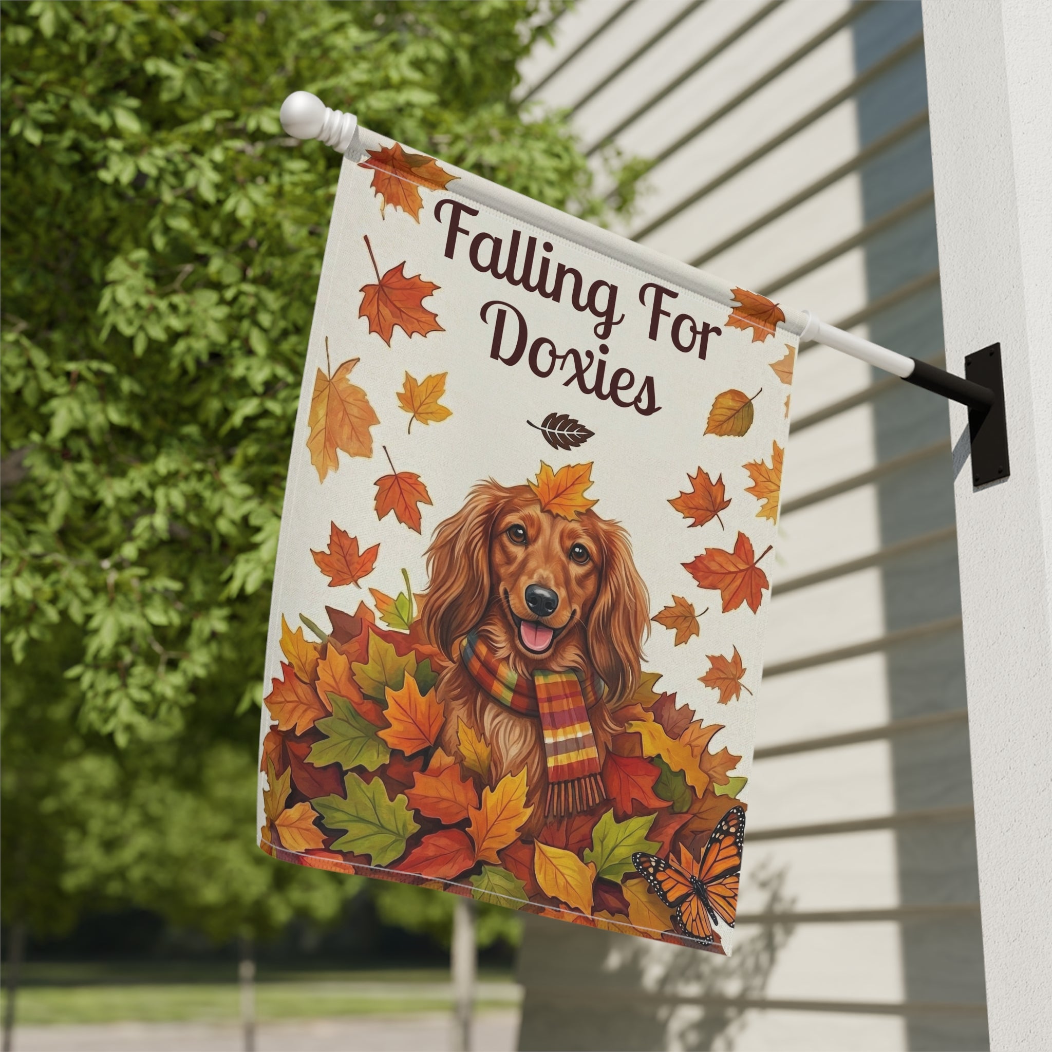 Falling For Doxies Long-Haired Dachshund Garden Flag - yard display - Dragonfire Gardens