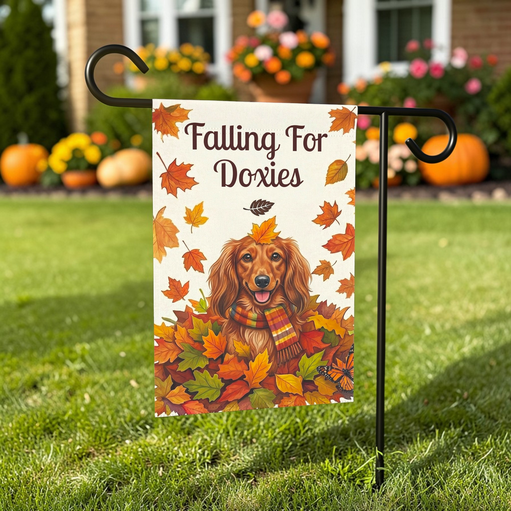 Falling For Doxies Long-Haired Dachshund Garden Flag - front view - Dragonfire Gardens