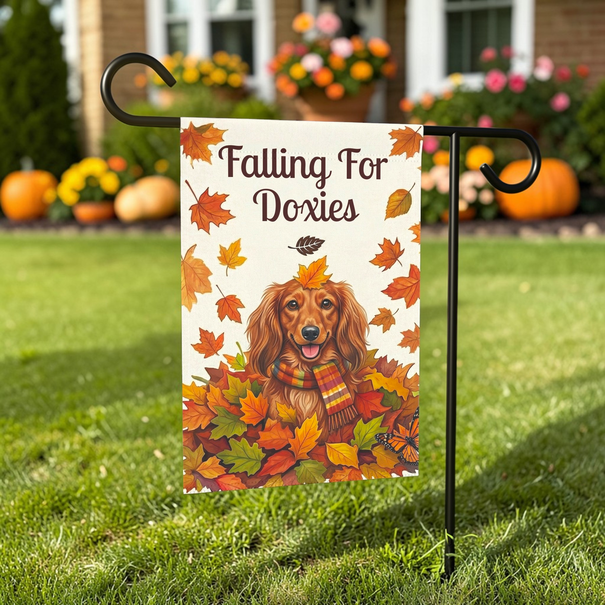 Falling For Doxies Long-Haired Dachshund Garden Flag - front view - Dragonfire Gardens