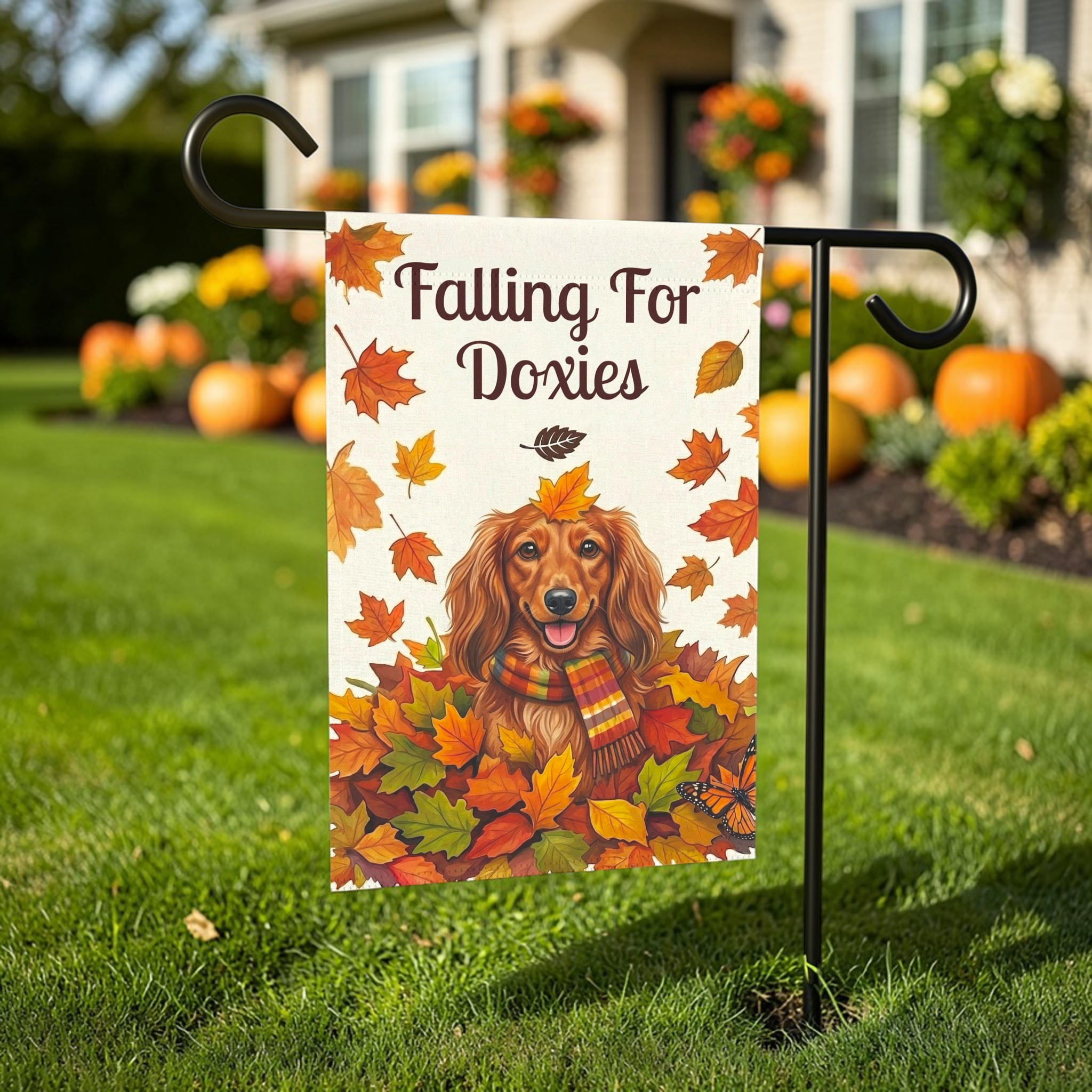 Falling For Doxies Long-Haired Dachshund Garden Flag - outdoor display - Dragonfire Gardens