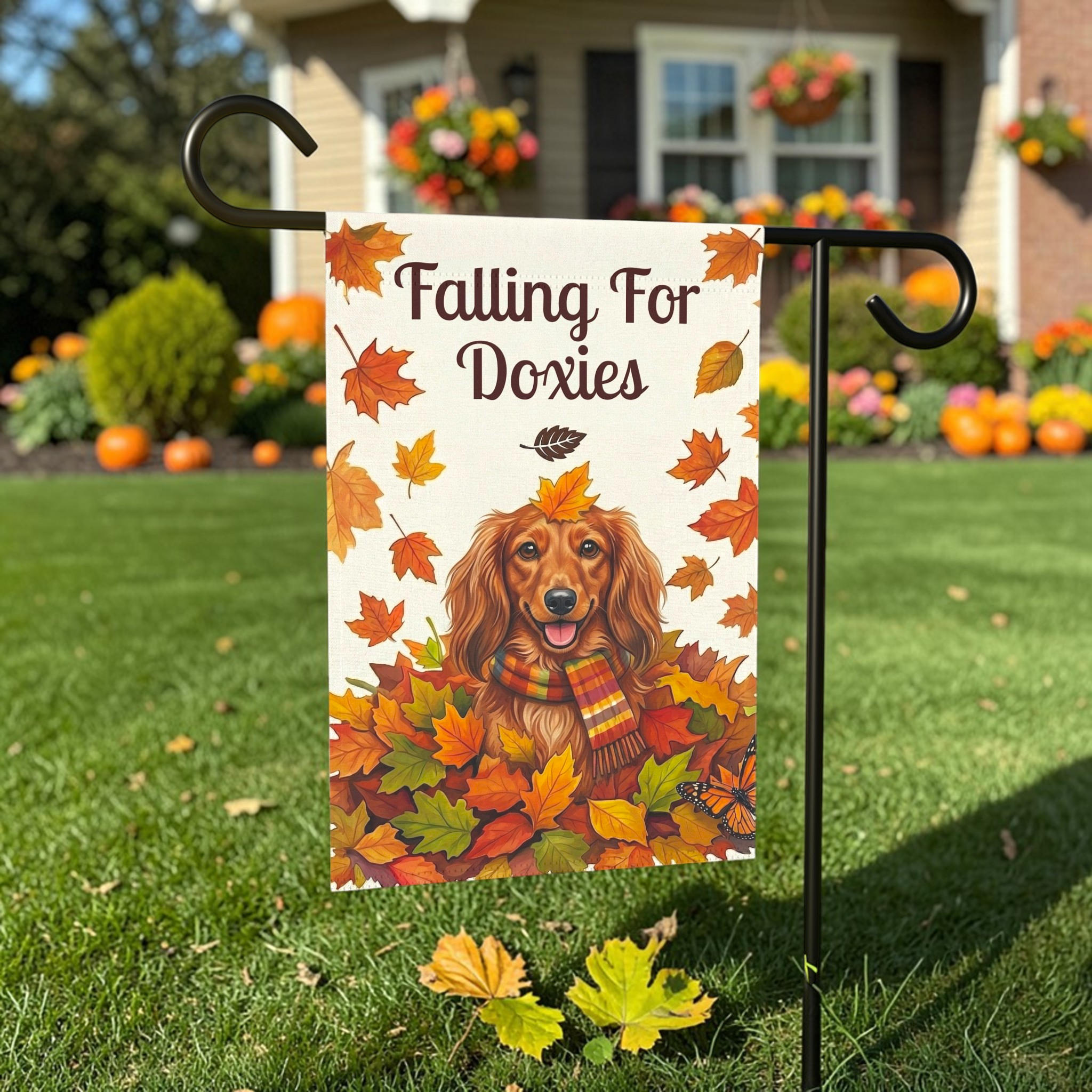 Falling For Doxies Long-Haired Dachshund Garden Flag - lifestyle display - Dragonfire Gardens