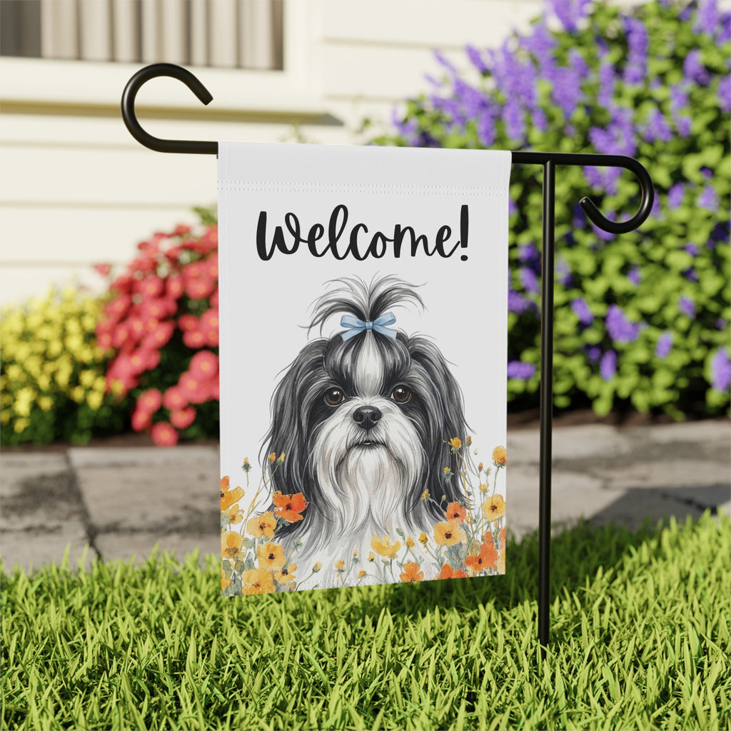 Yellow Poppies Shih Tzu Welcome Garden Flag - outdoor display - Dragonfire Gardens