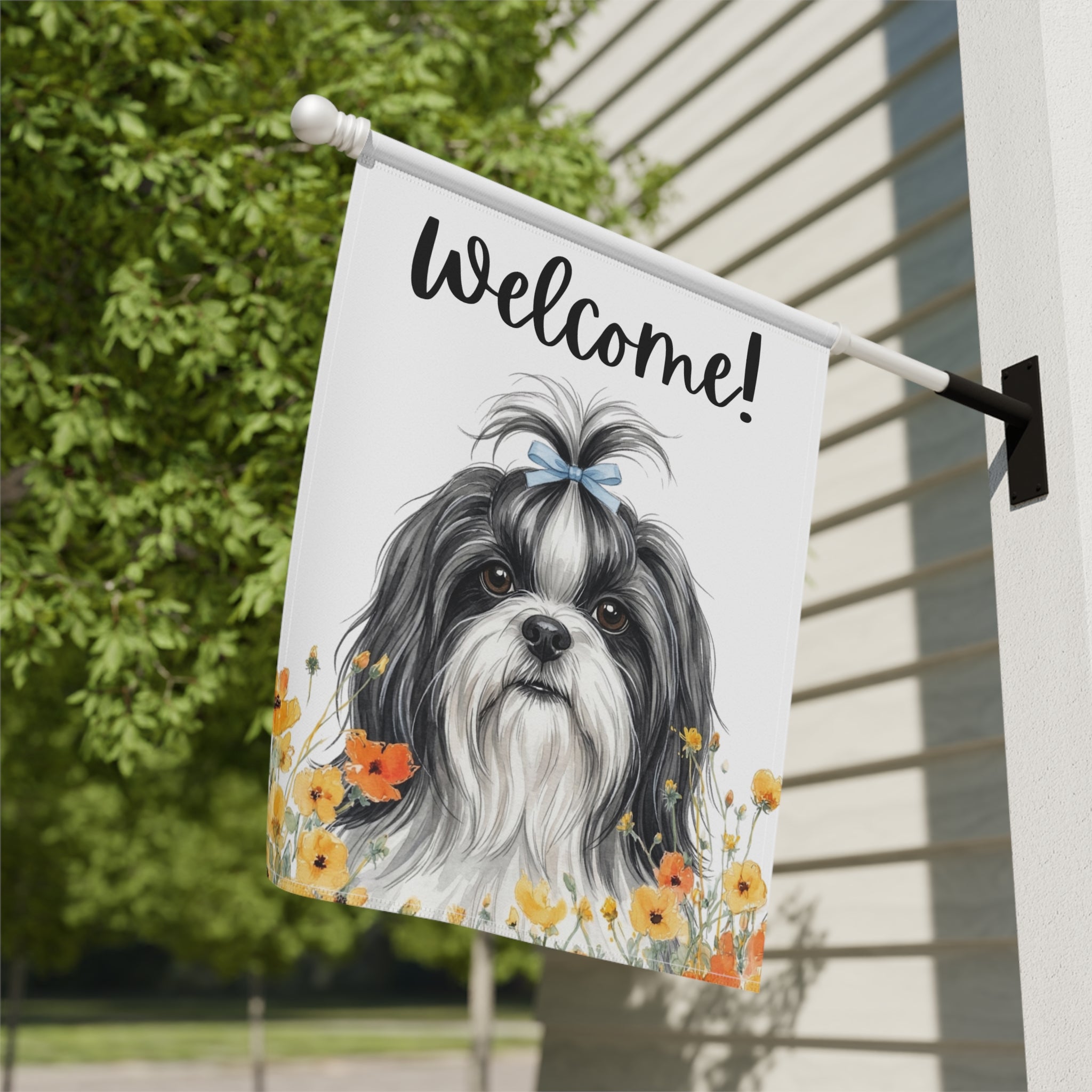 Yellow Poppies Shih Tzu Welcome Garden Flag - close-up detail - Dragonfire Gardens