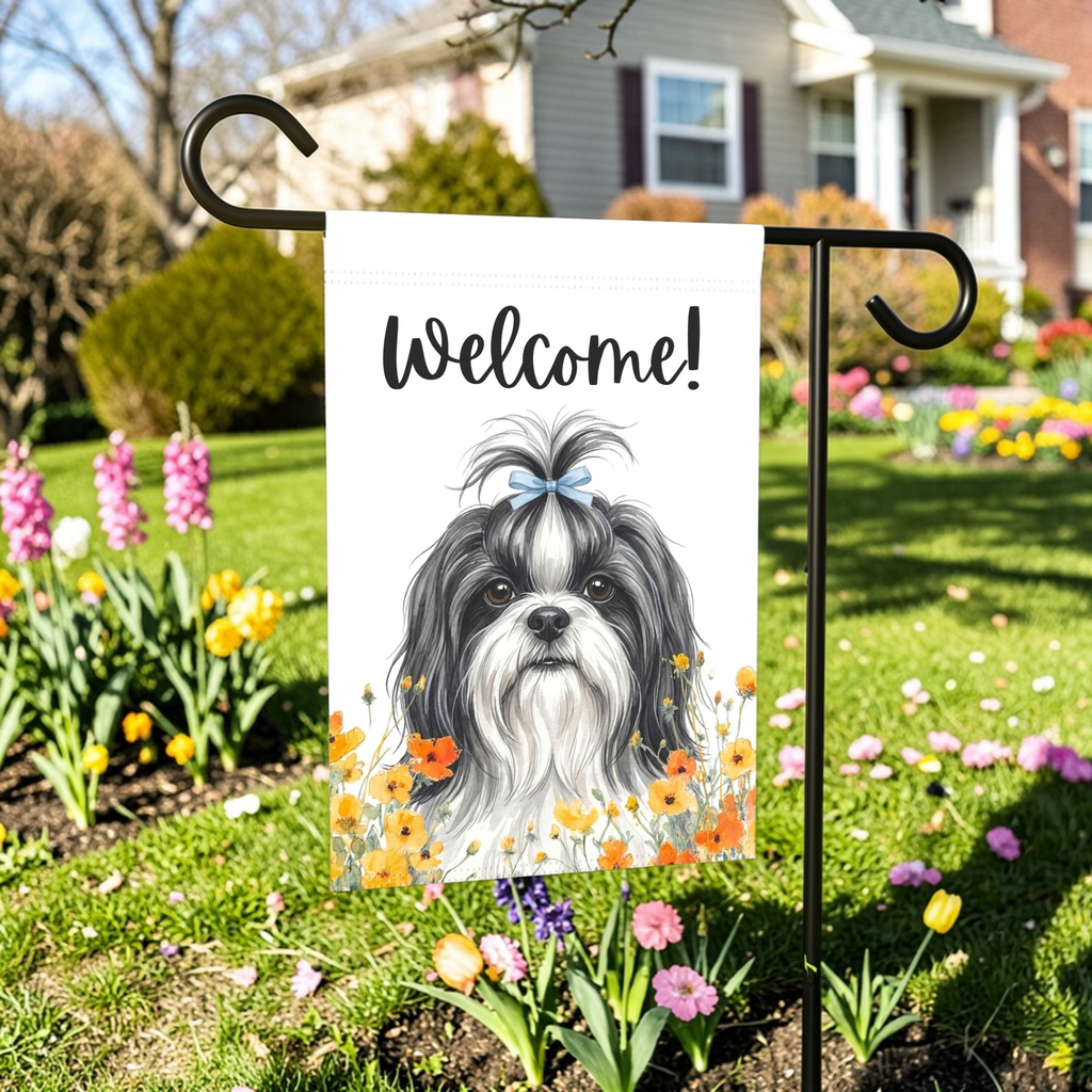 Yellow Poppies Shih Tzu Welcome Garden Flag - front view - Dragonfire Gardens
