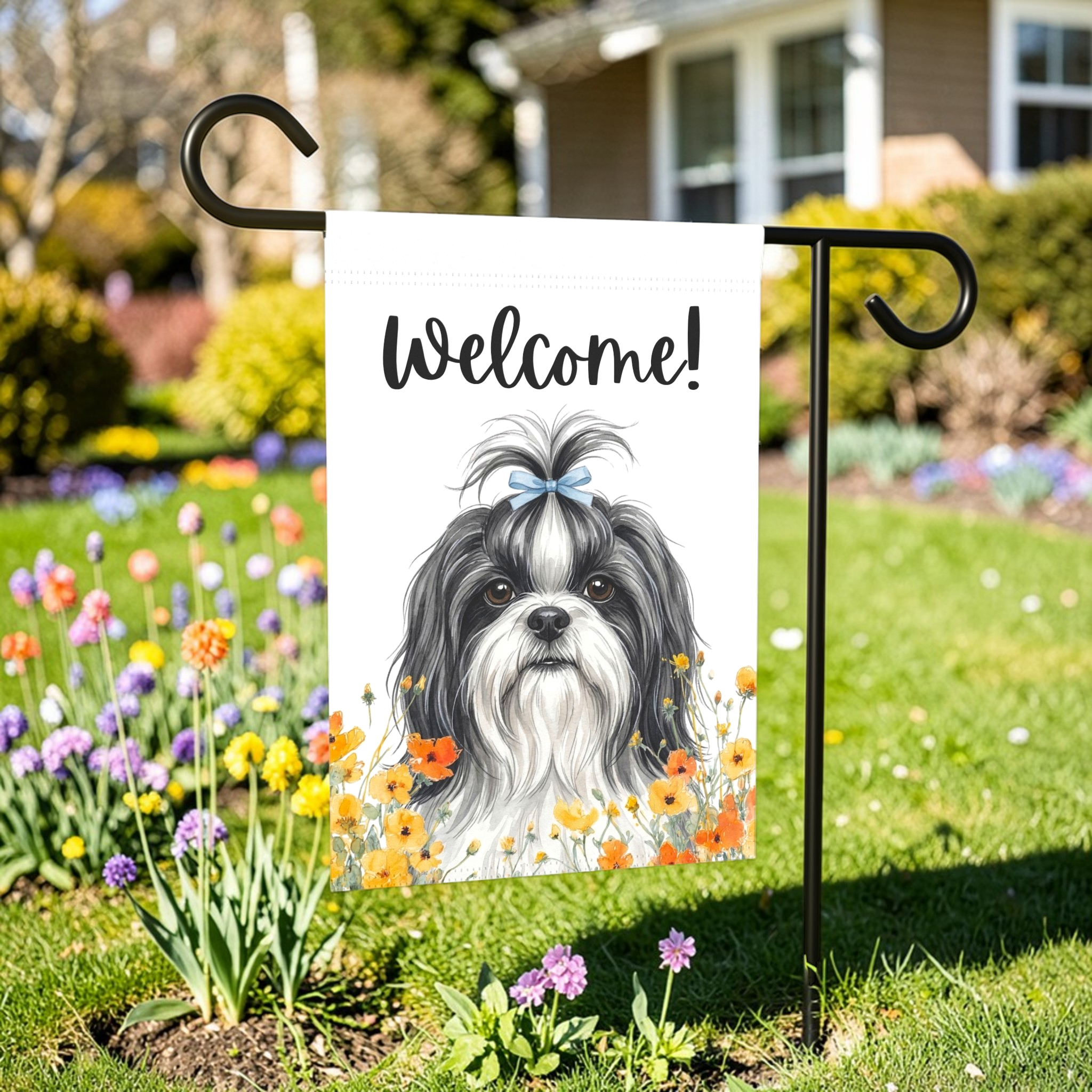 Yellow Poppies Shih Tzu Welcome Garden Flag - lifestyle display - Dragonfire Gardens