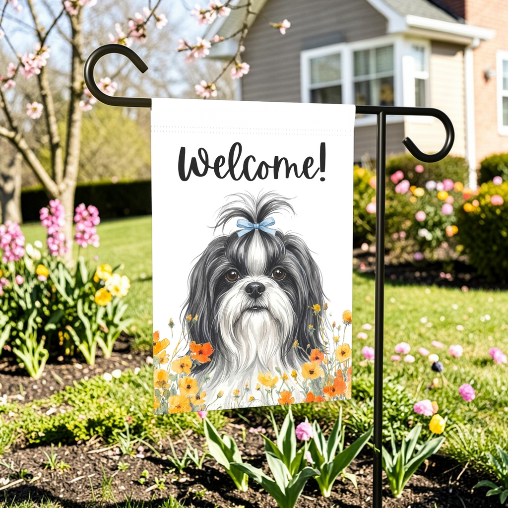 Yellow Poppies Shih Tzu Welcome Garden Flag - size comparison - Dragonfire Gardens