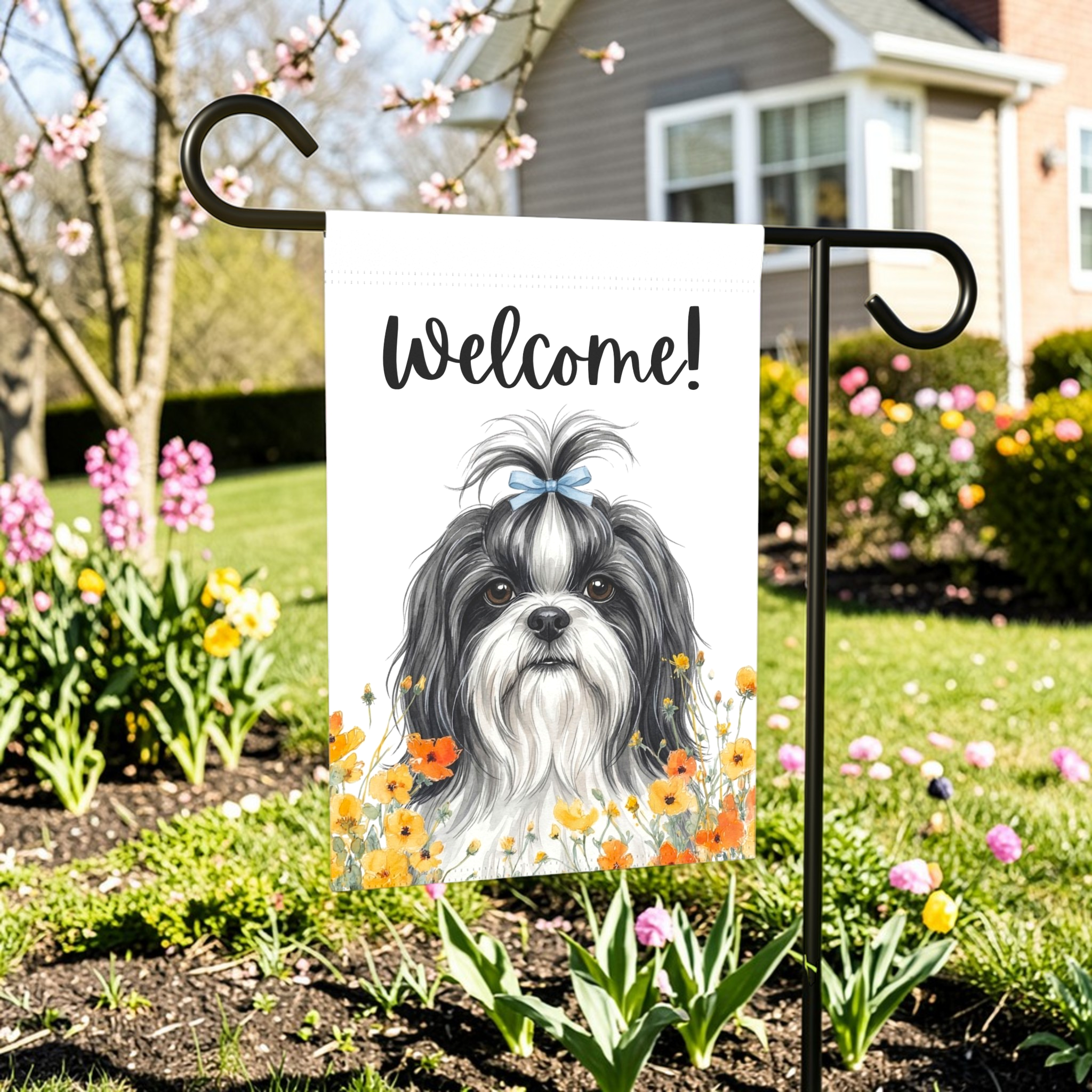 Yellow Poppies Shih Tzu Welcome Garden Flag - size comparison - Dragonfire Gardens