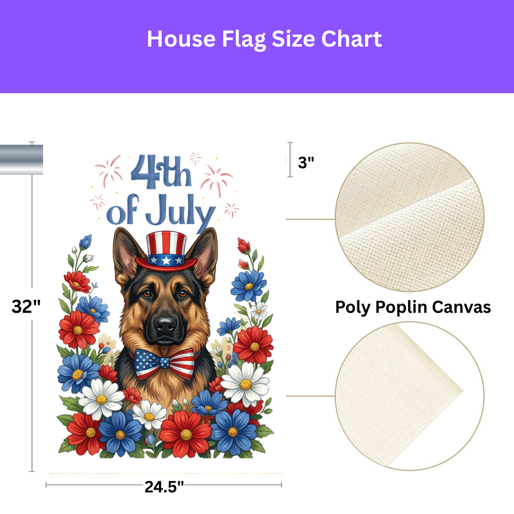 4th of July German Shepherd Garden Flag - size comparison - Dragonfire Gardens