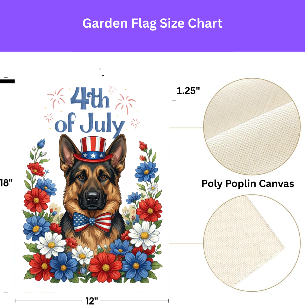 4th of July German Shepherd Garden Flag - double-sided design - Dragonfire Gardens