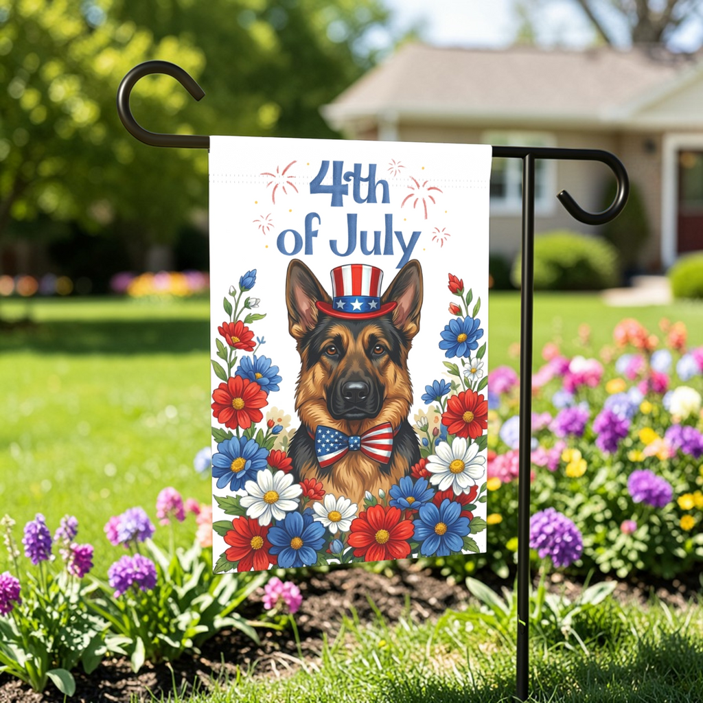 4th of July German Shepherd Garden Flag - outdoor display - Dragonfire Gardens