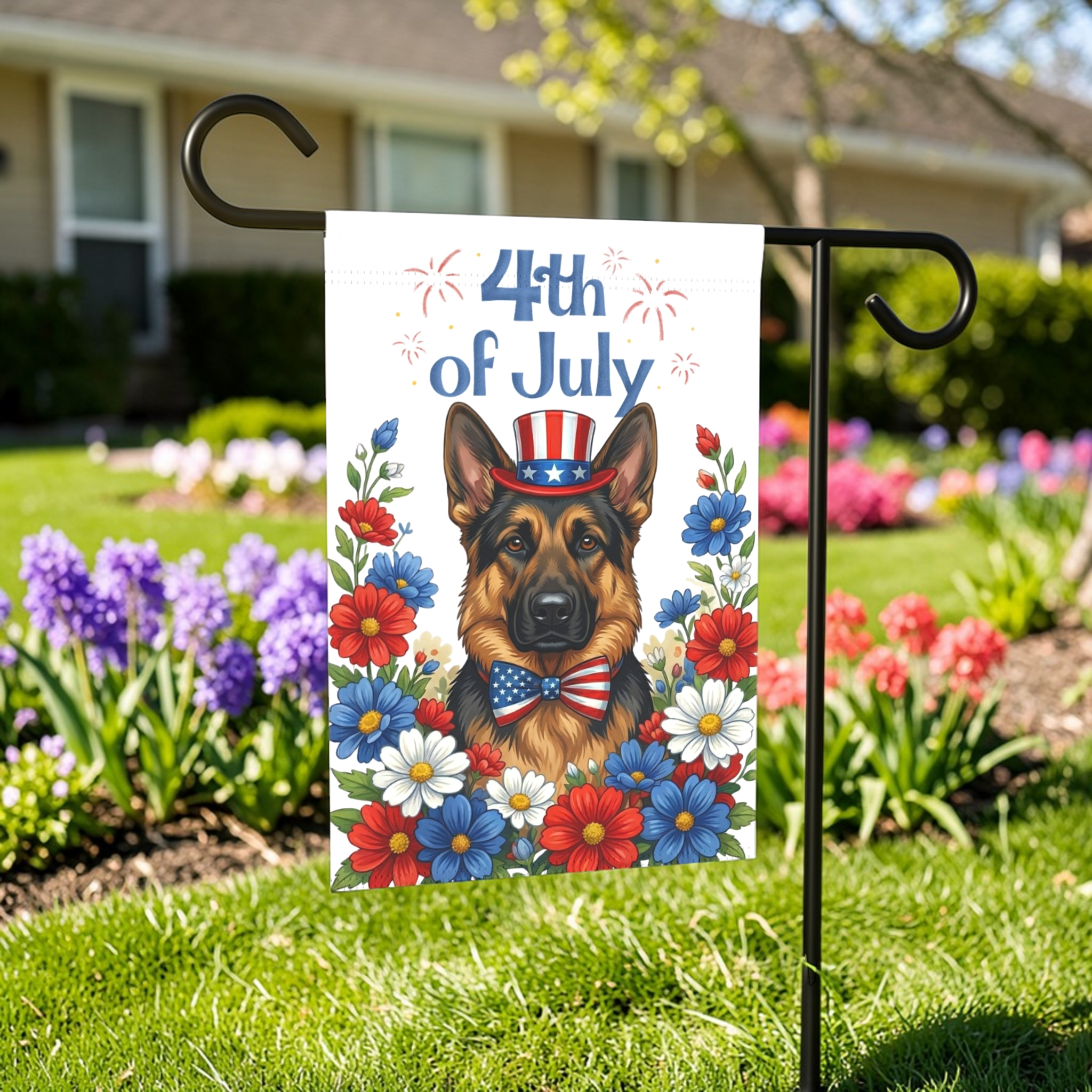 4th of July German Shepherd Garden Flag - front view - Dragonfire Gardens