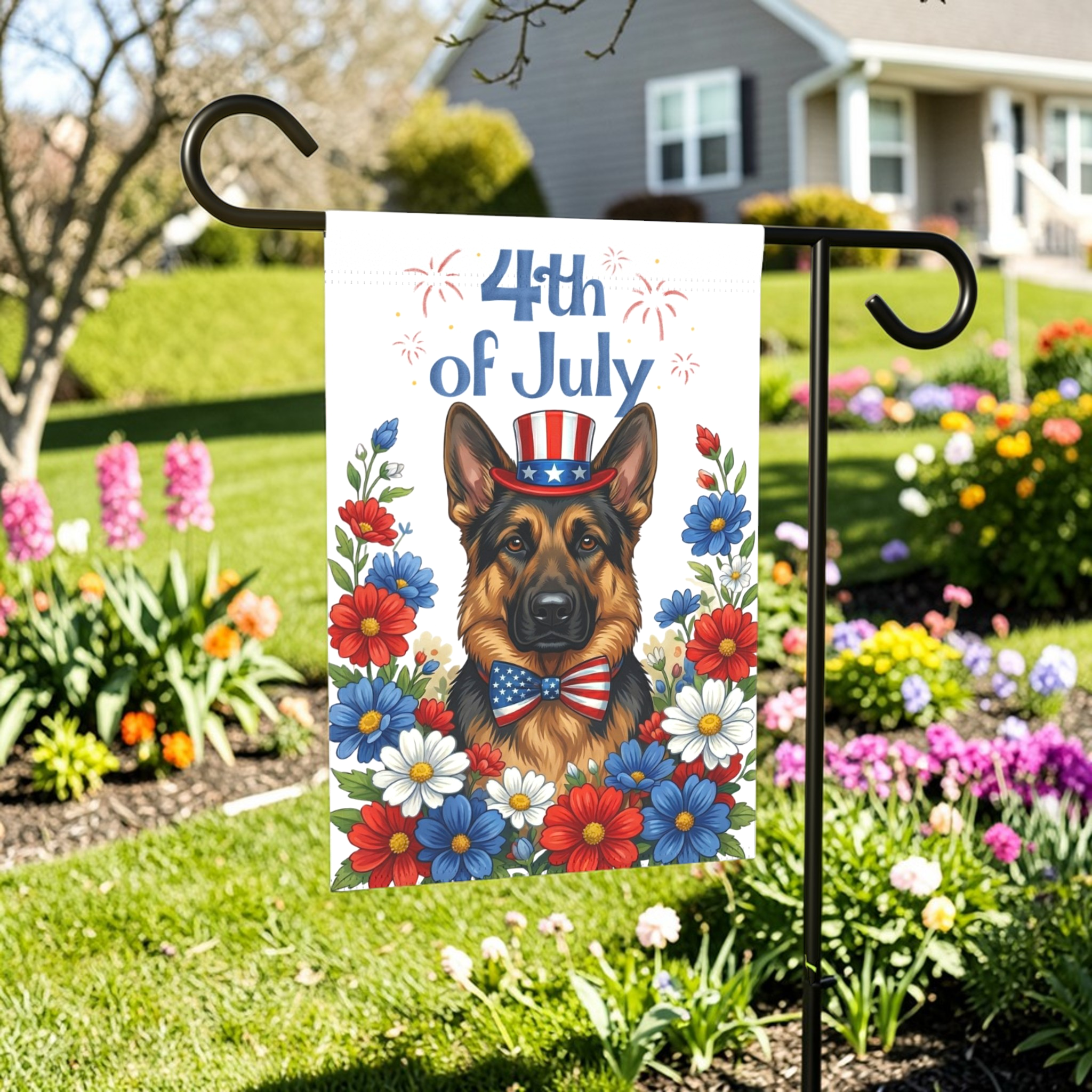 4th of July German Shepherd Garden Flag - lifestyle display - Dragonfire Gardens