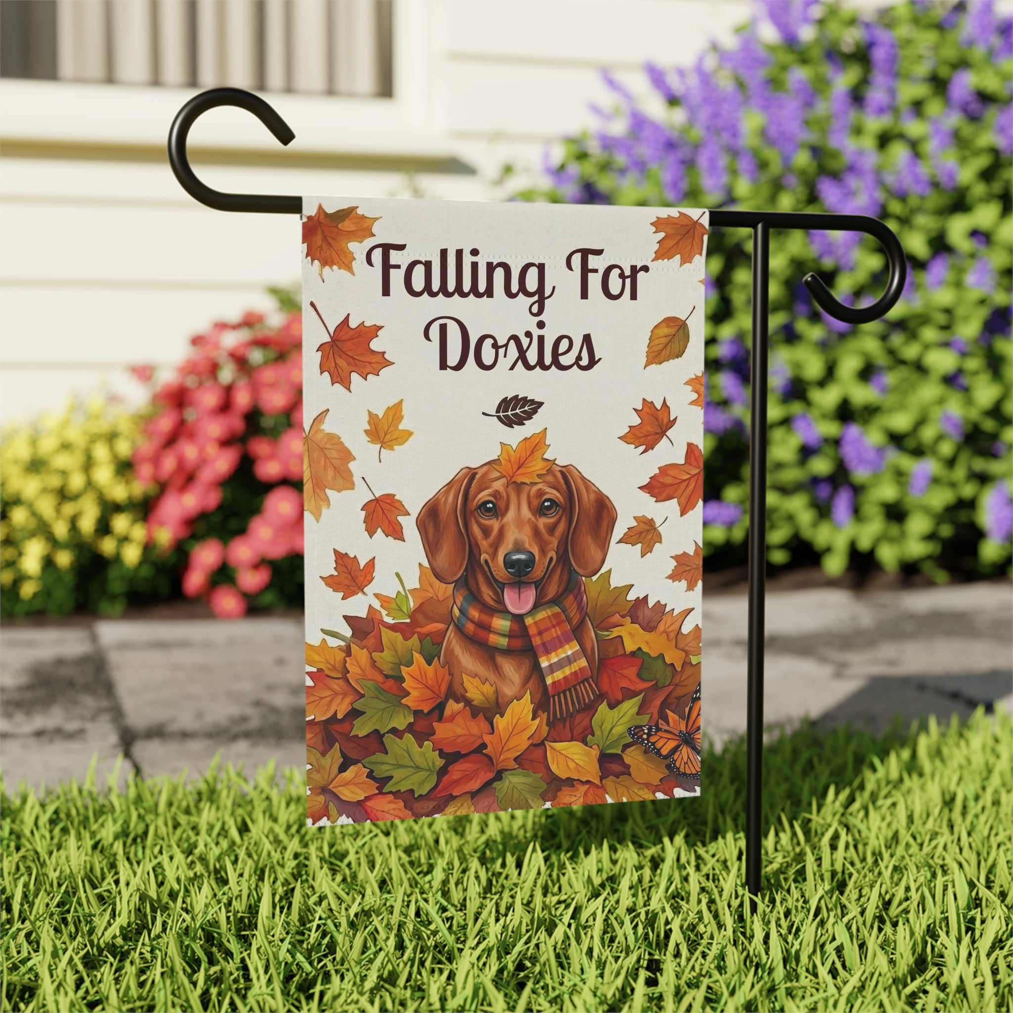 Falling For Doxies Short-Haired Dachshund Garden Flag - close-up detail - Dragonfire Gardens