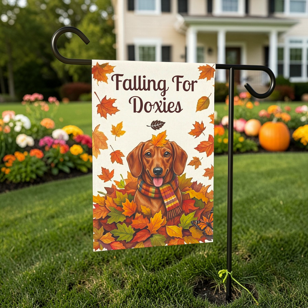 Falling For Doxies Short-Haired Dachshund Garden Flag - front view - Dragonfire Gardens