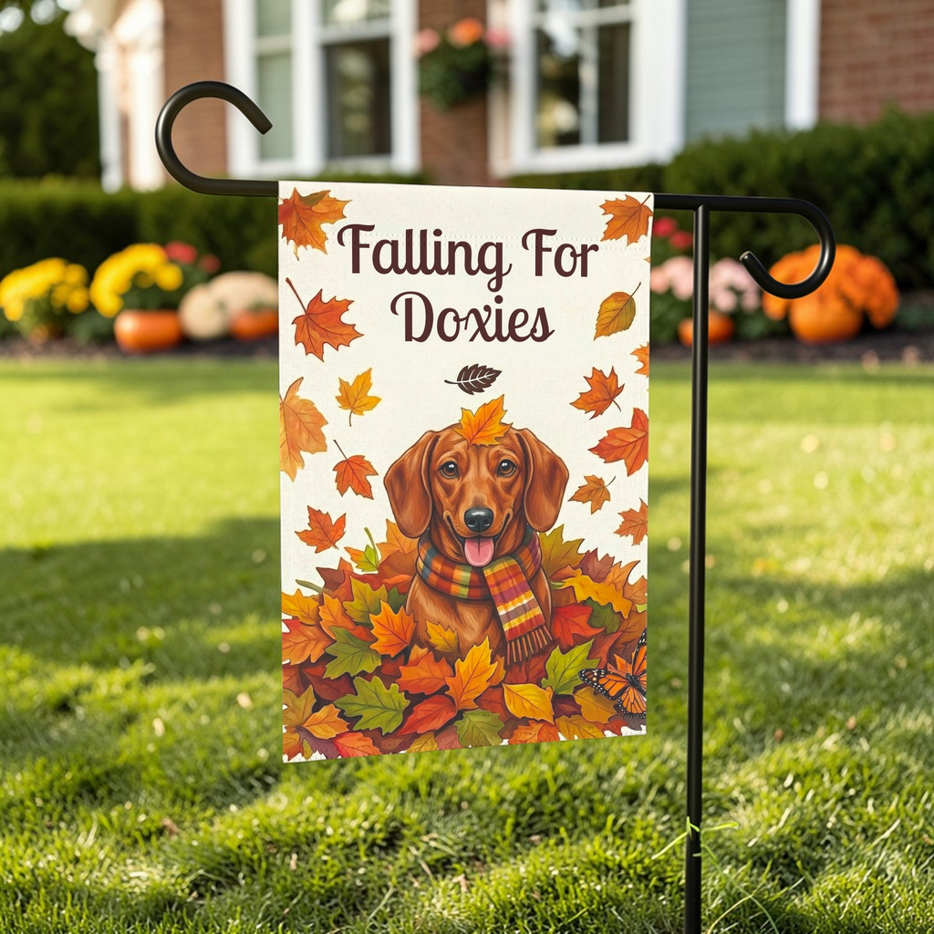 Falling For Doxies Short-Haired Dachshund Garden Flag - lifestyle display - Dragonfire Gardens