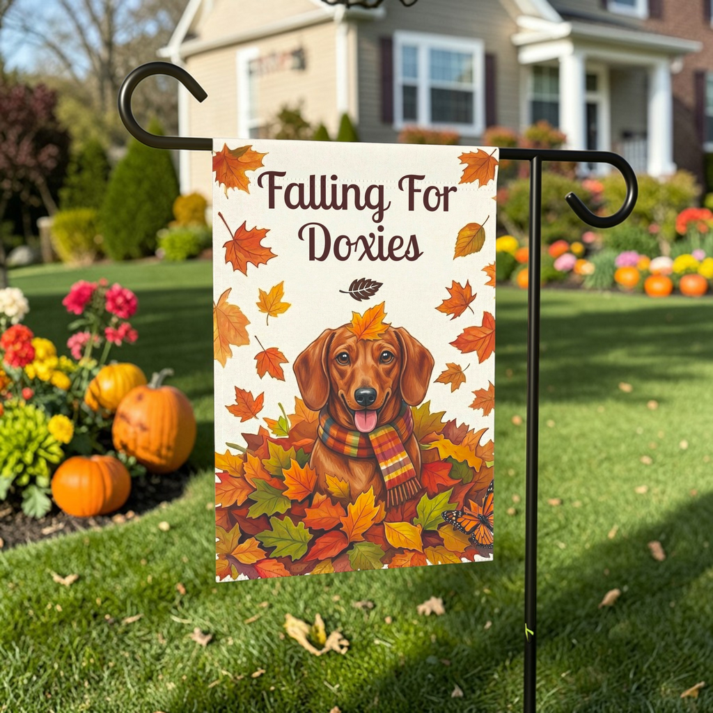 Falling For Doxies Short-Haired Dachshund Garden Flag - outdoor display - Dragonfire Gardens