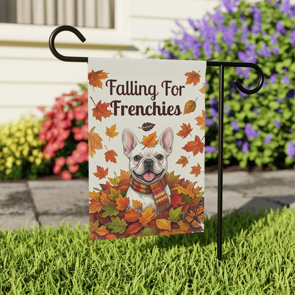 Falling For Frenchies White French Bulldog Garden Flag - close-up detail - Dragonfire Gardens