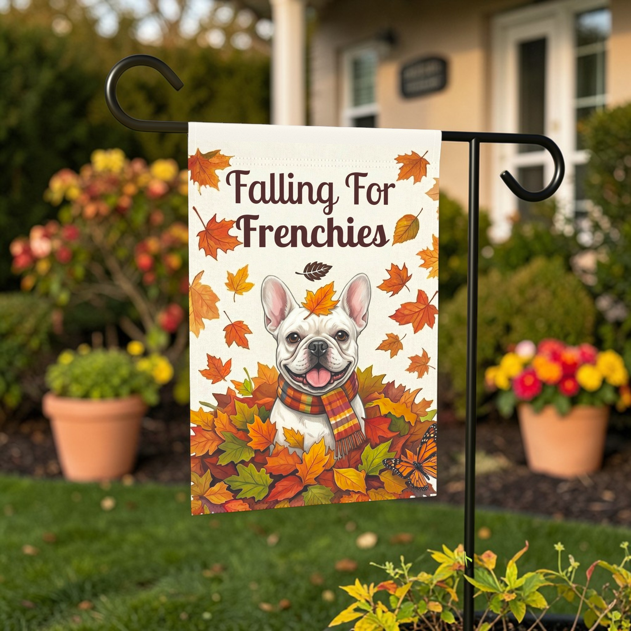 Falling For Frenchies White French Bulldog Garden Flag - front view - Dragonfire Gardens