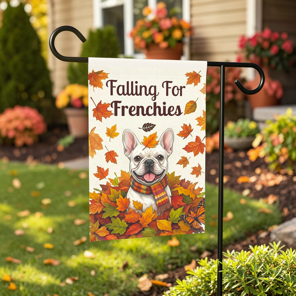 Falling For Frenchies White French Bulldog Garden Flag - lifestyle display - Dragonfire Gardens