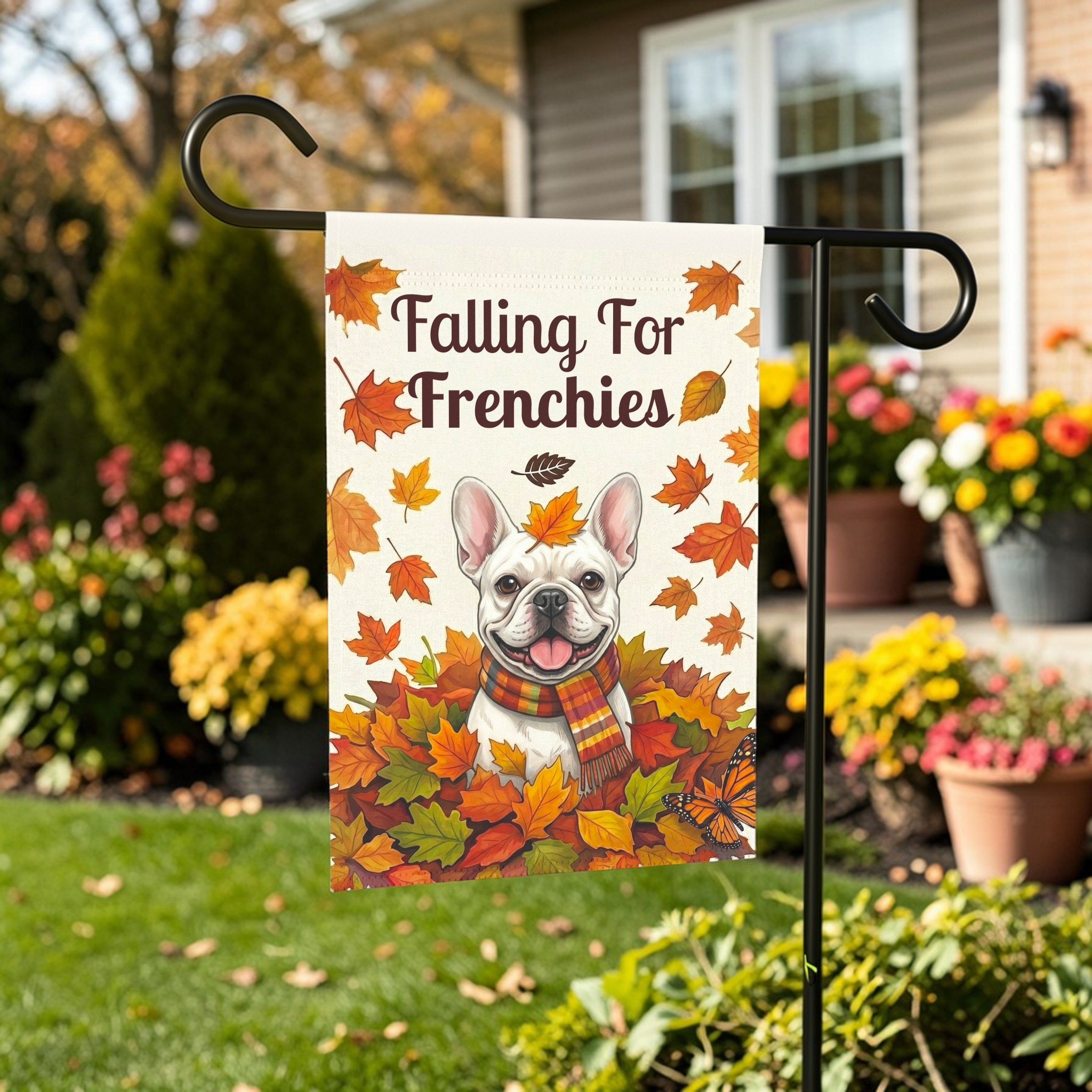 Falling For Frenchies White French Bulldog Garden Flag - outdoor display - Dragonfire Gardens