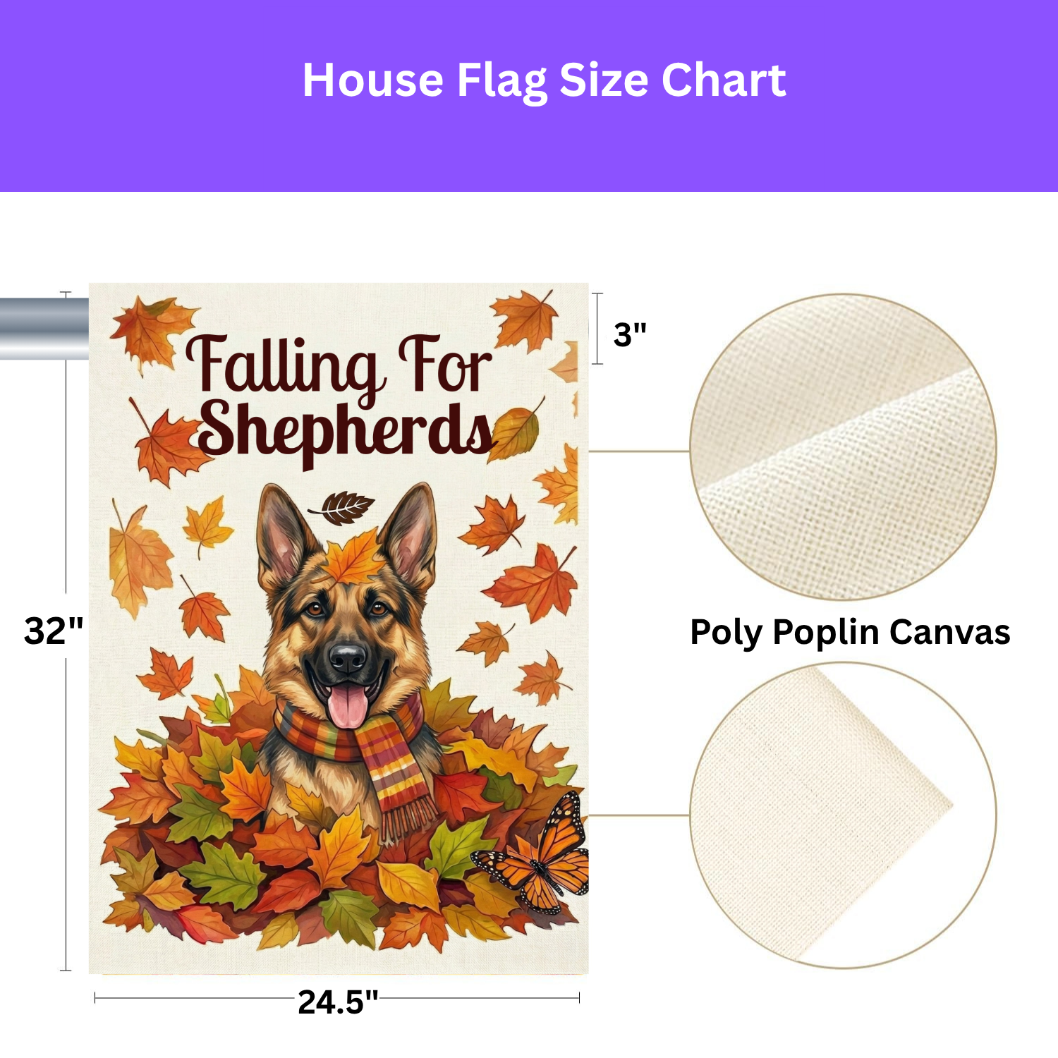 Falling For Shepherds German Shepherd Garden Flag - size comparison - Dragonfire Gardens