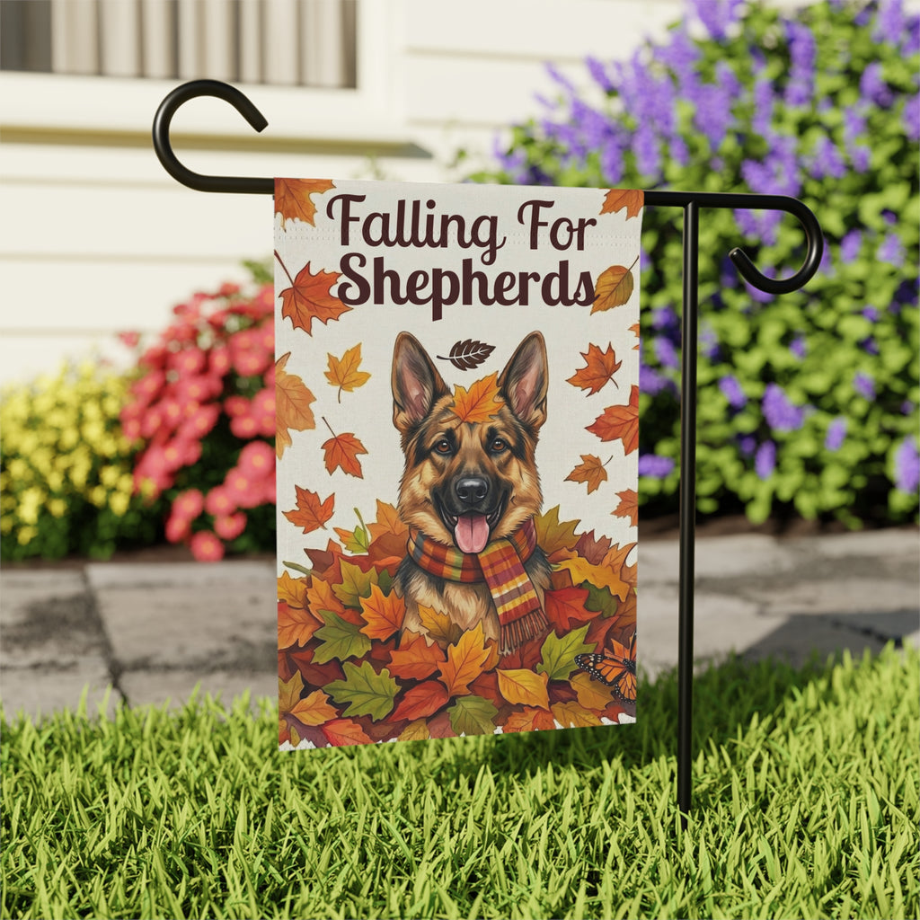 Falling For Shepherds German Shepherd Garden Flag - close-up detail - Dragonfire Gardens