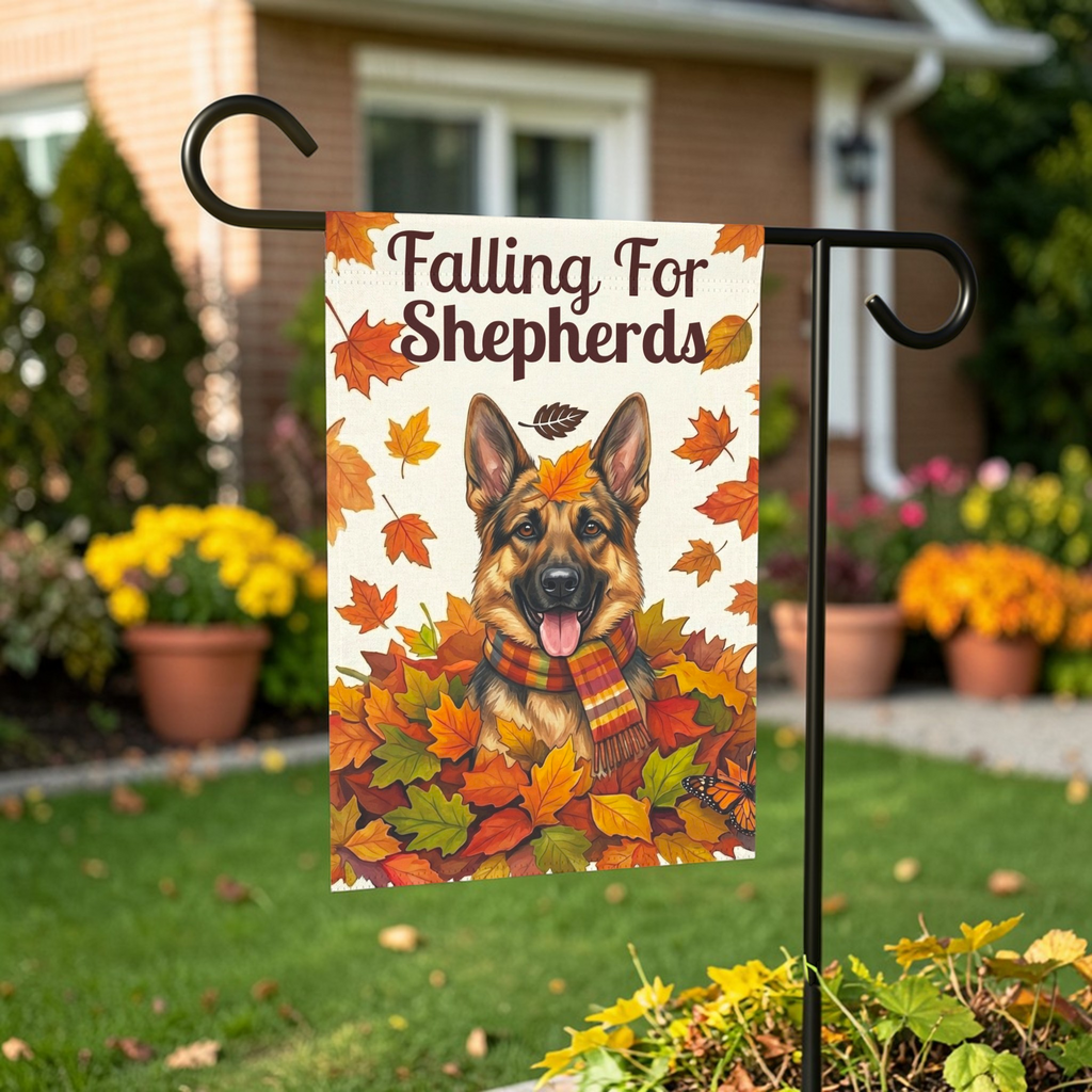 Falling For Shepherds German Shepherd Garden Flag - front view - Dragonfire Gardens
