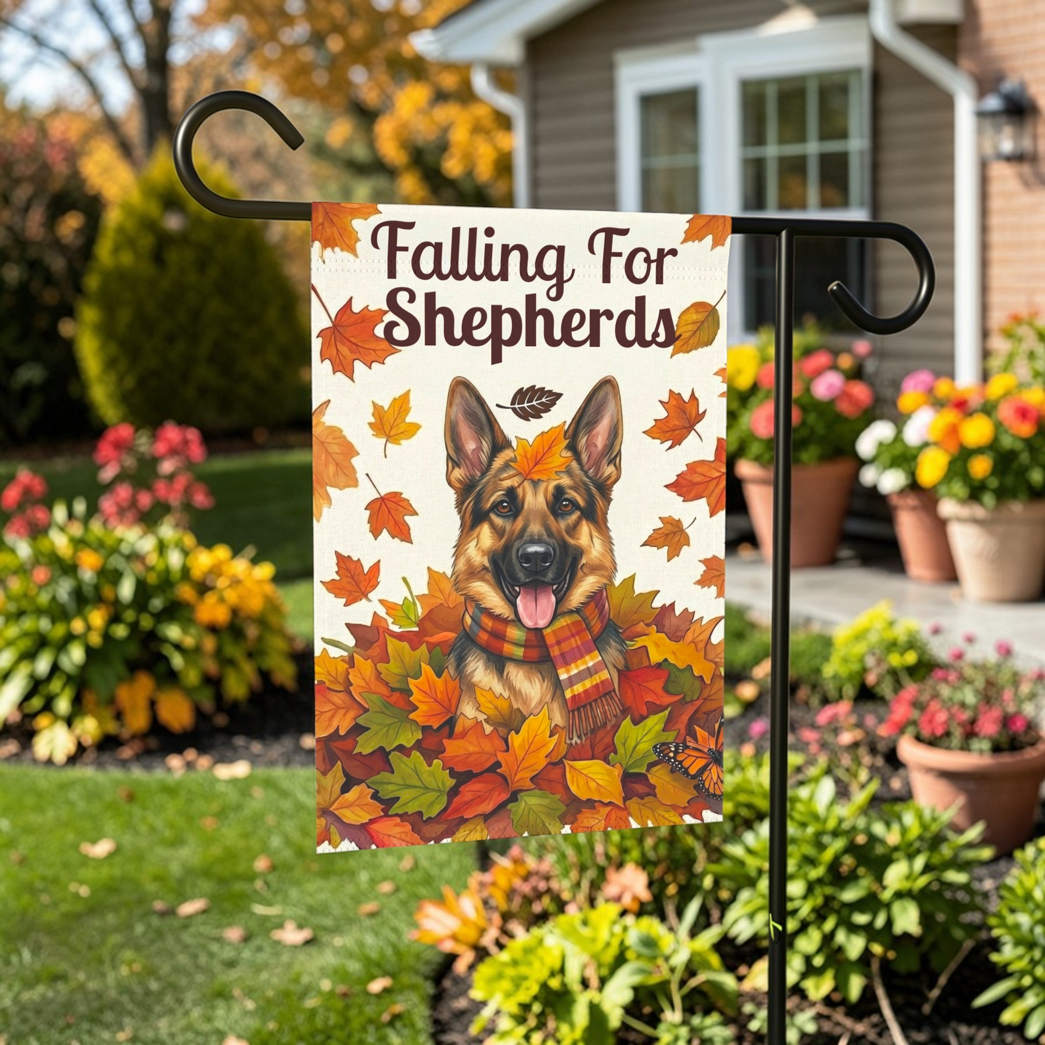 Falling For Shepherds German Shepherd Garden Flag - outdoor display - Dragonfire Gardens