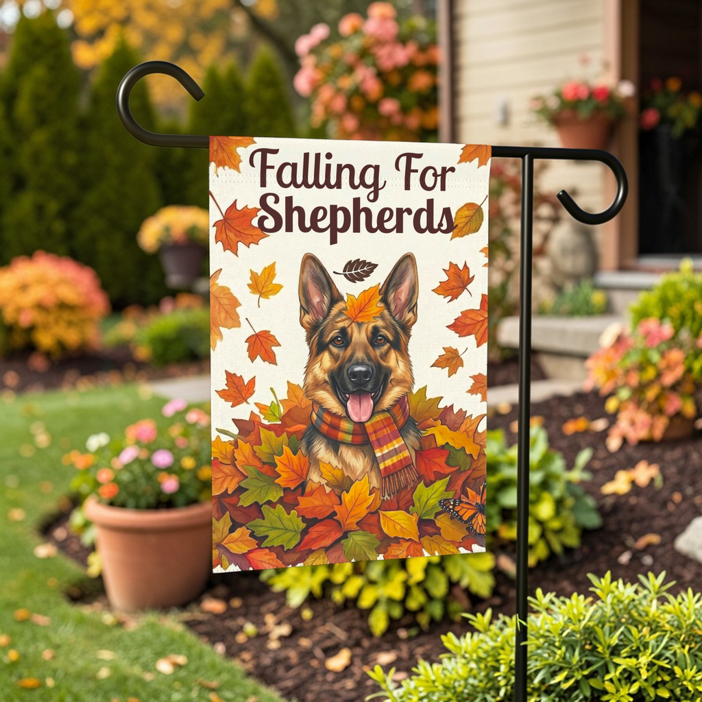 Falling For Shepherds German Shepherd Garden Flag - lifestyle display - Dragonfire Gardens
