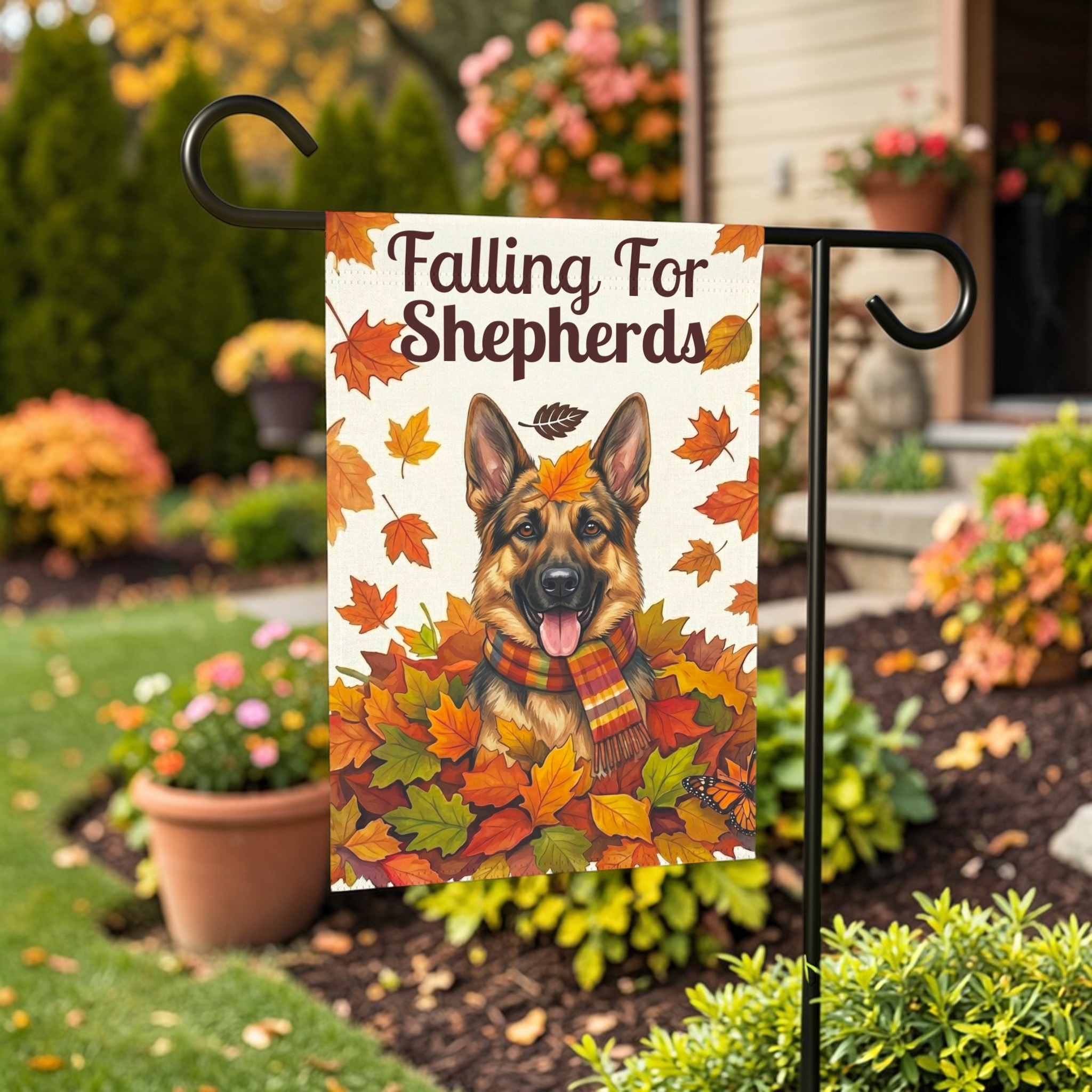 Falling For Shepherds German Shepherd Garden Flag - lifestyle display - Dragonfire Gardens